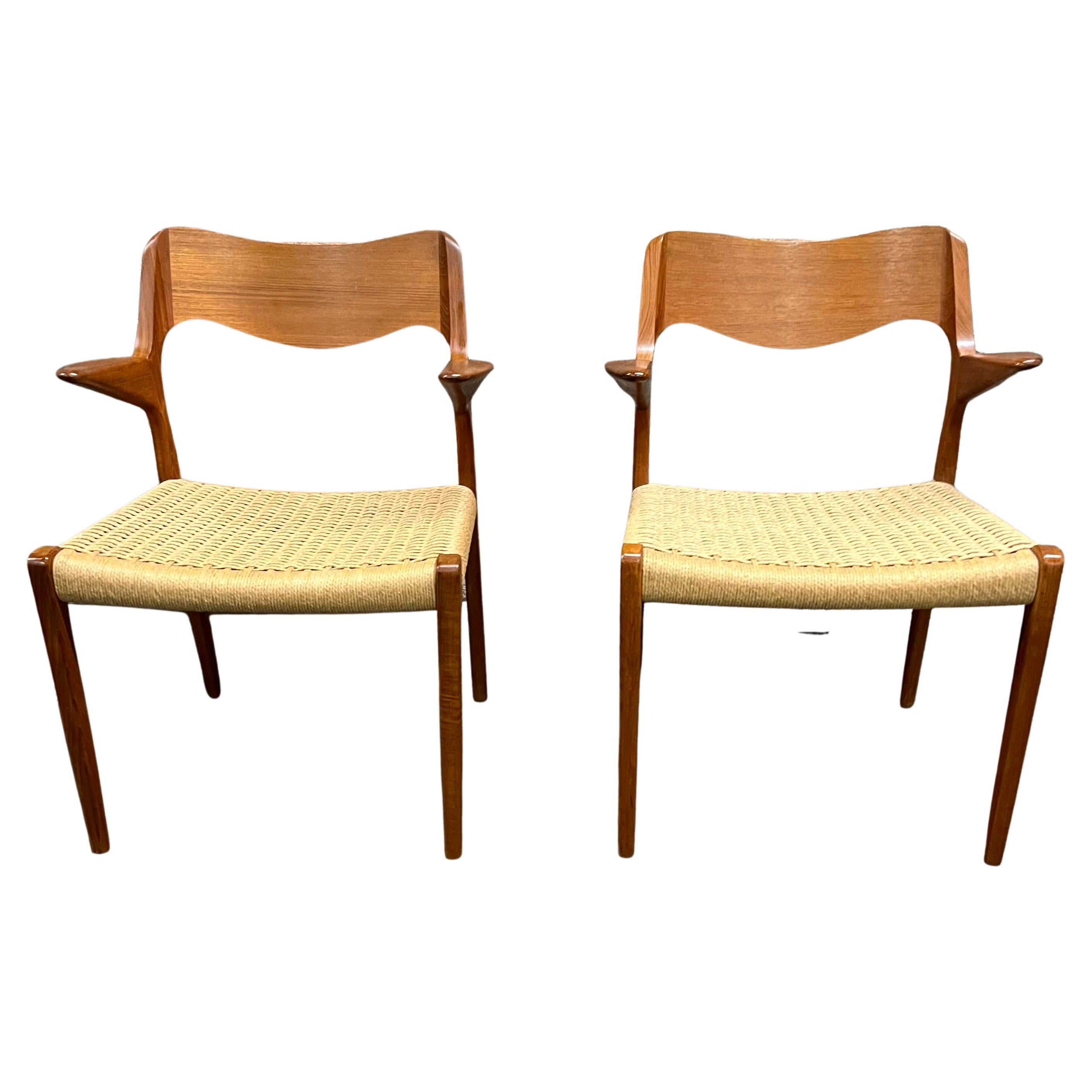 Pair of Mid-Century Niels Moller Model 55 Teak Captain's Chairs with Cord Seats For Sale