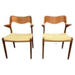Vintage Pair of Mid-Century Niels Moller Model 55 Teak Captain's Chairs with Cord Seats