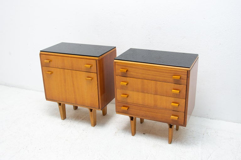 Czech Pair of Mid Century Night Stands, Chest of Drawers by Frantisek Mezulanik, 1970 For Sale