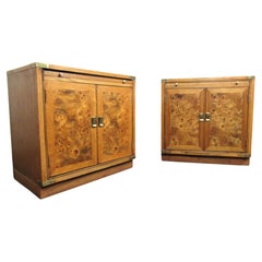 Pair of Mid-Century Night Stands in Burl Wood and Brass