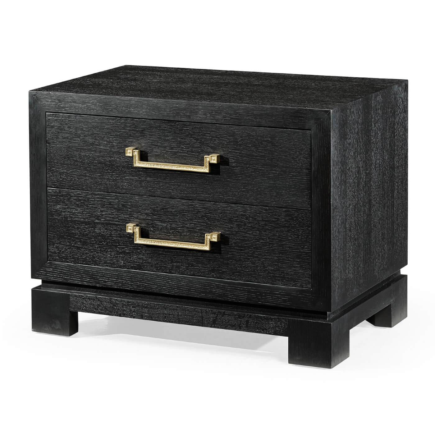 A pair of midcentury style nightstand with to drawers, an ebonized oak exterior, and custom brass long handles raised on a stepped base with squared bracket feet.

Dimensions: 32