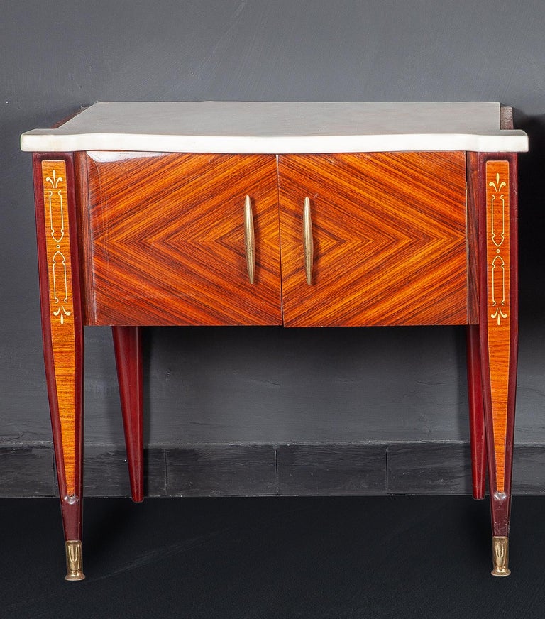 Pair of Mid Century Nightstands or Side Tables with White Marble Top