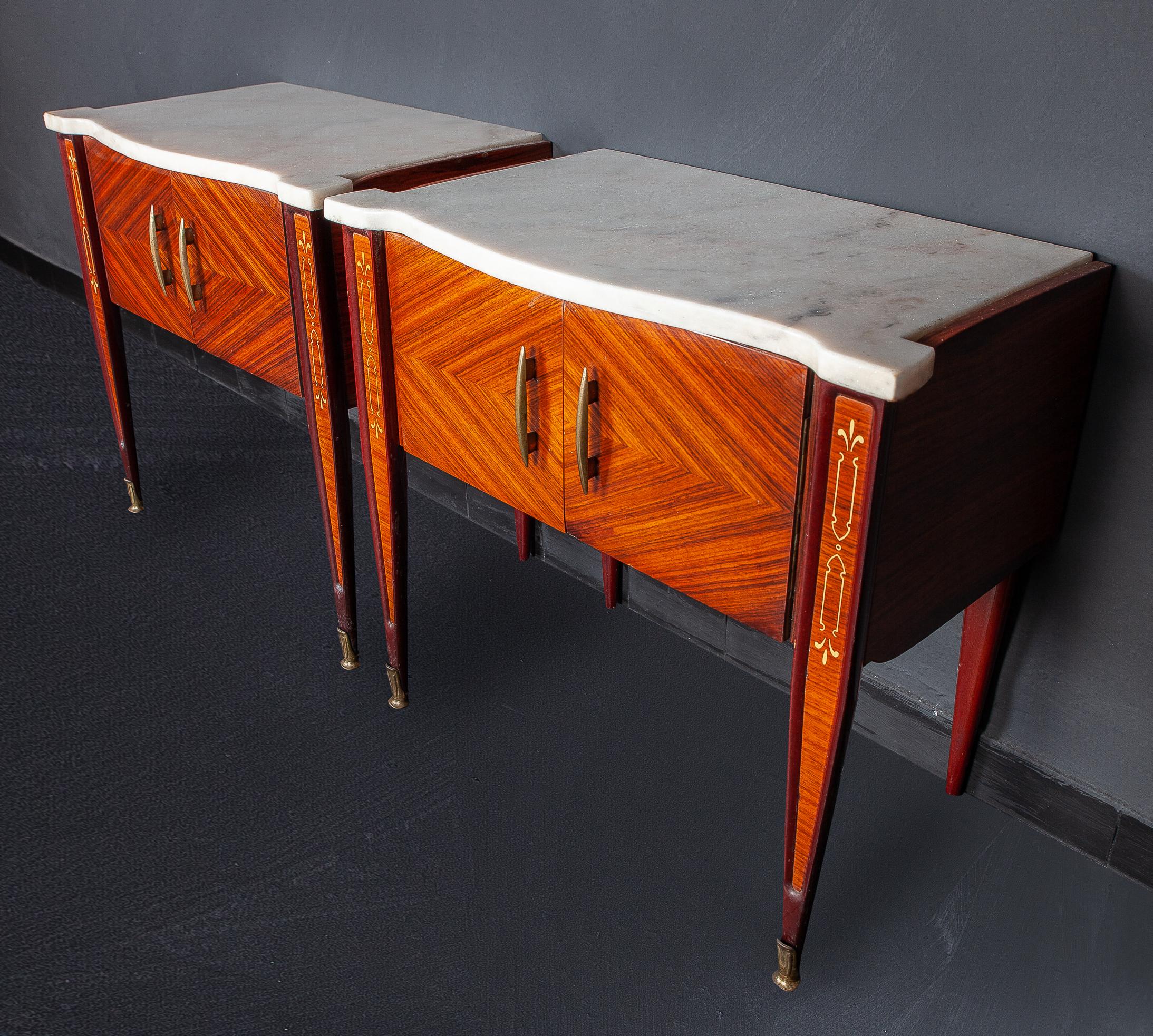 Mid-Century Modern Pair of Mid Century Nightstands or Side Tables with White Marble Top Italy 1950