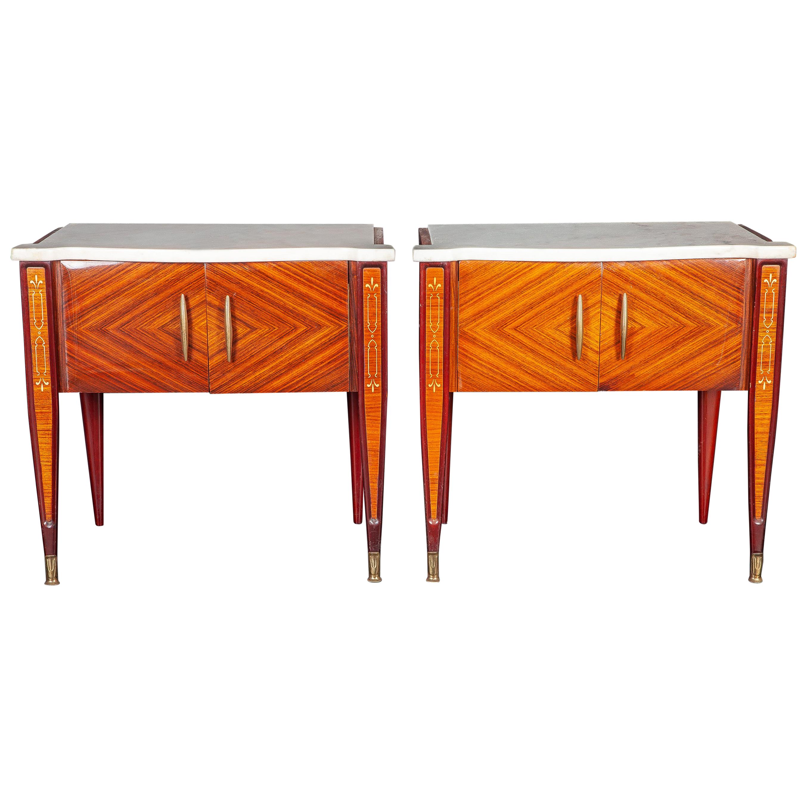 Pair of Mid Century Nightstands or Side Tables with White Marble Top Italy 1950