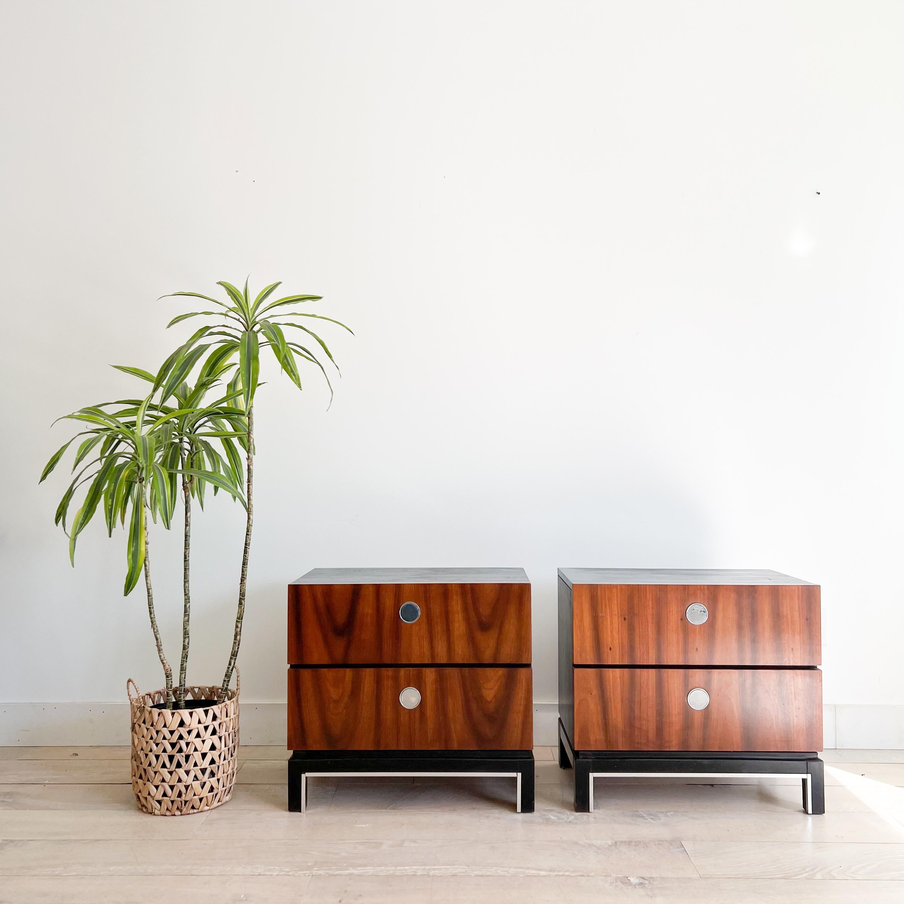 Late 20th Century Pair of Mid Century Nightstands with Chrome Drawer Pulls For Sale