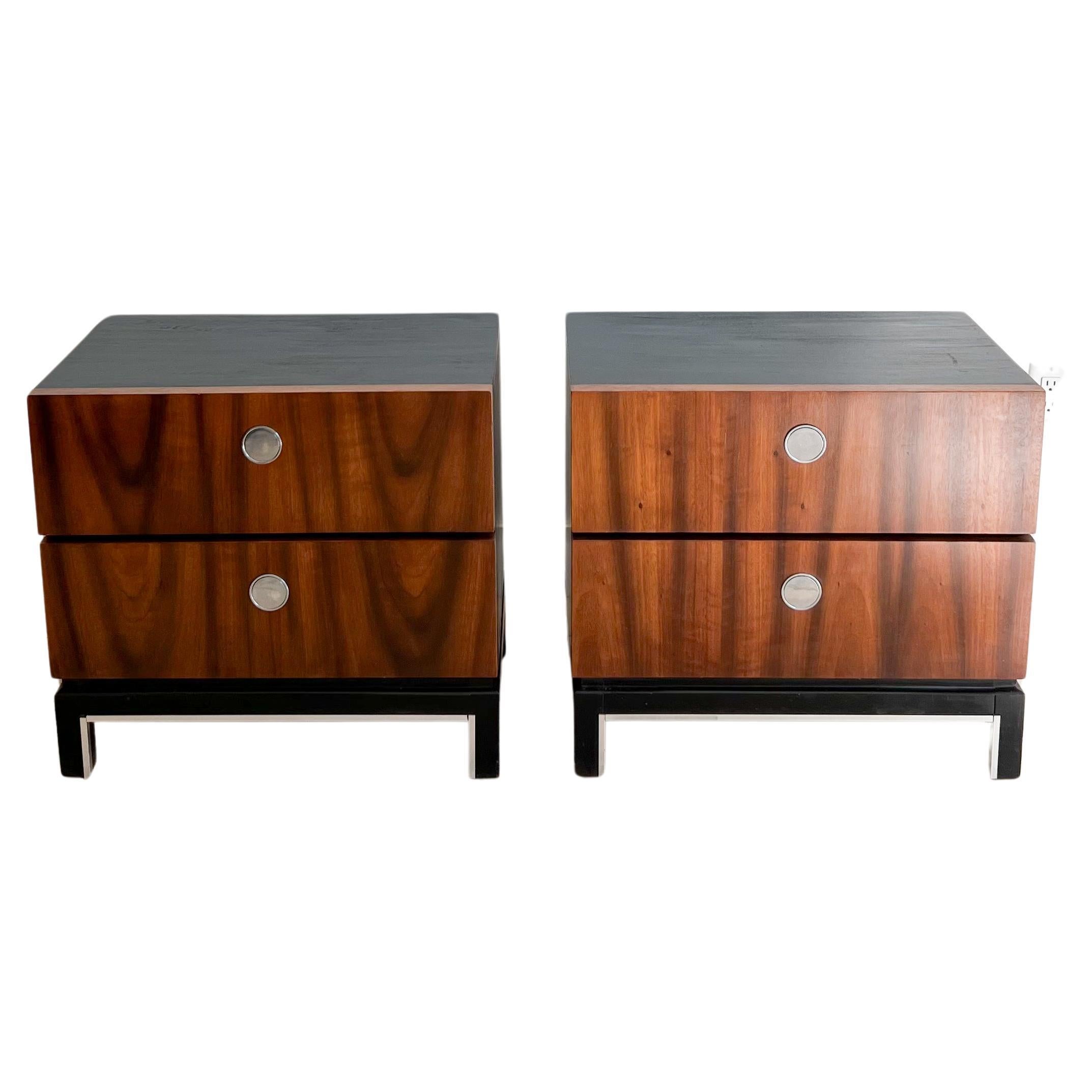 Pair of Mid Century Nightstands with Chrome Drawer Pulls For Sale