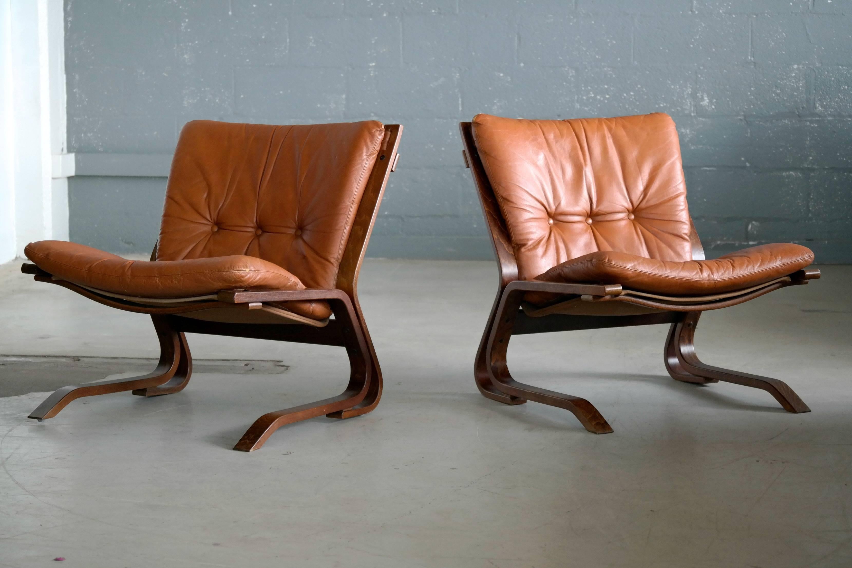 Pair of Midcentury Norwegian Easy Chairs in Cognac Leather by Oddvin Rykken 1