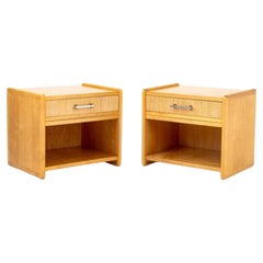 Pair of Mid Century Oak and Cane nightstands with single drawer