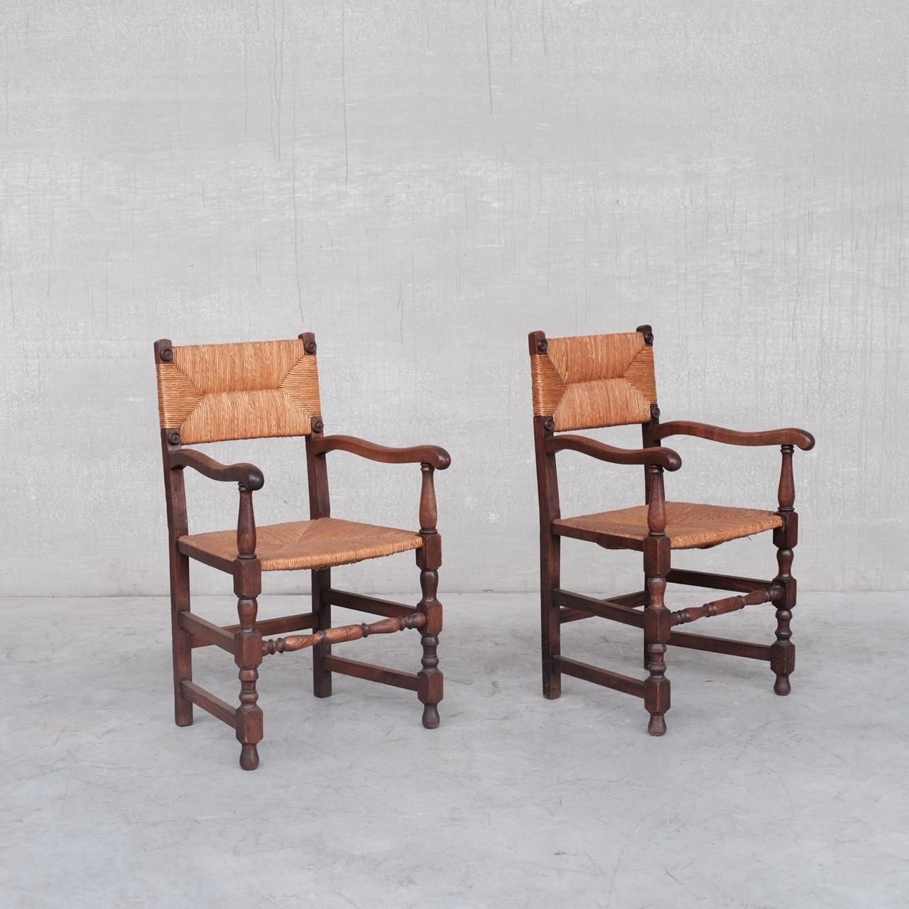 Pair of Mid-Century Oak and Rush French Armchairs For Sale 10