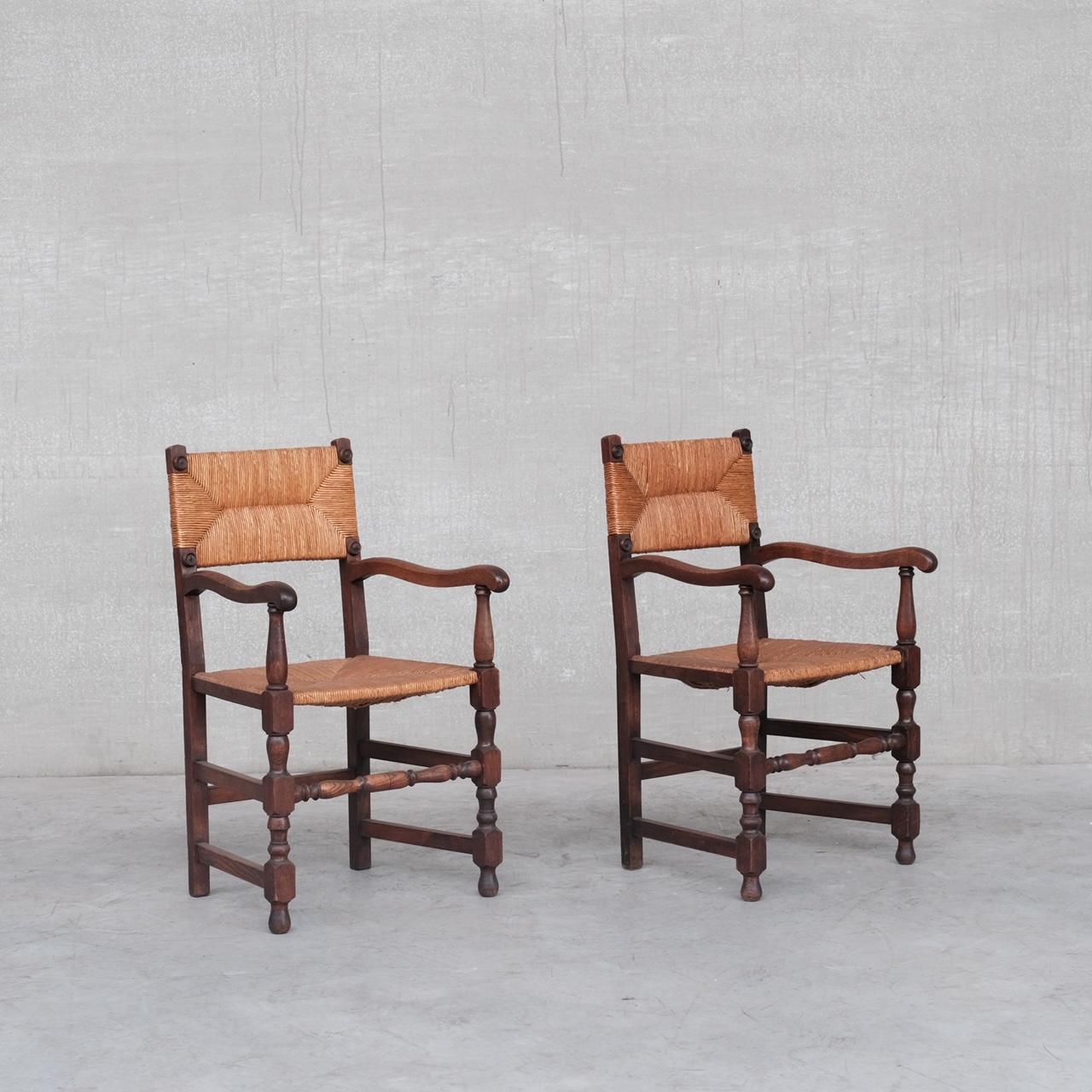 Pair of Mid-Century Oak and Rush French Armchairs For Sale 11