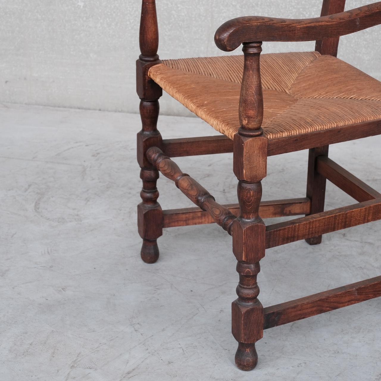 Pair of Mid-Century Oak and Rush French Armchairs For Sale 2