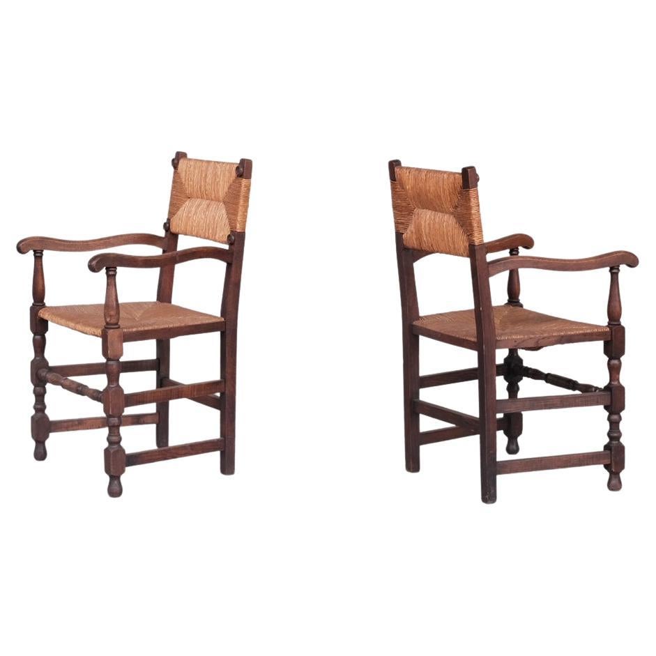 Pair of Mid-Century Oak and Rush French Armchairs For Sale