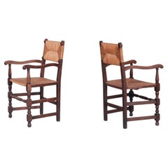 Pair of Mid-Century Oak and Rush French Armchairs