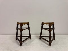 Pair of Mid Century Oak and Rush Stools