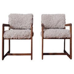 Pair of Mid-Century Oak Armchairs in Cream Faux Shearling