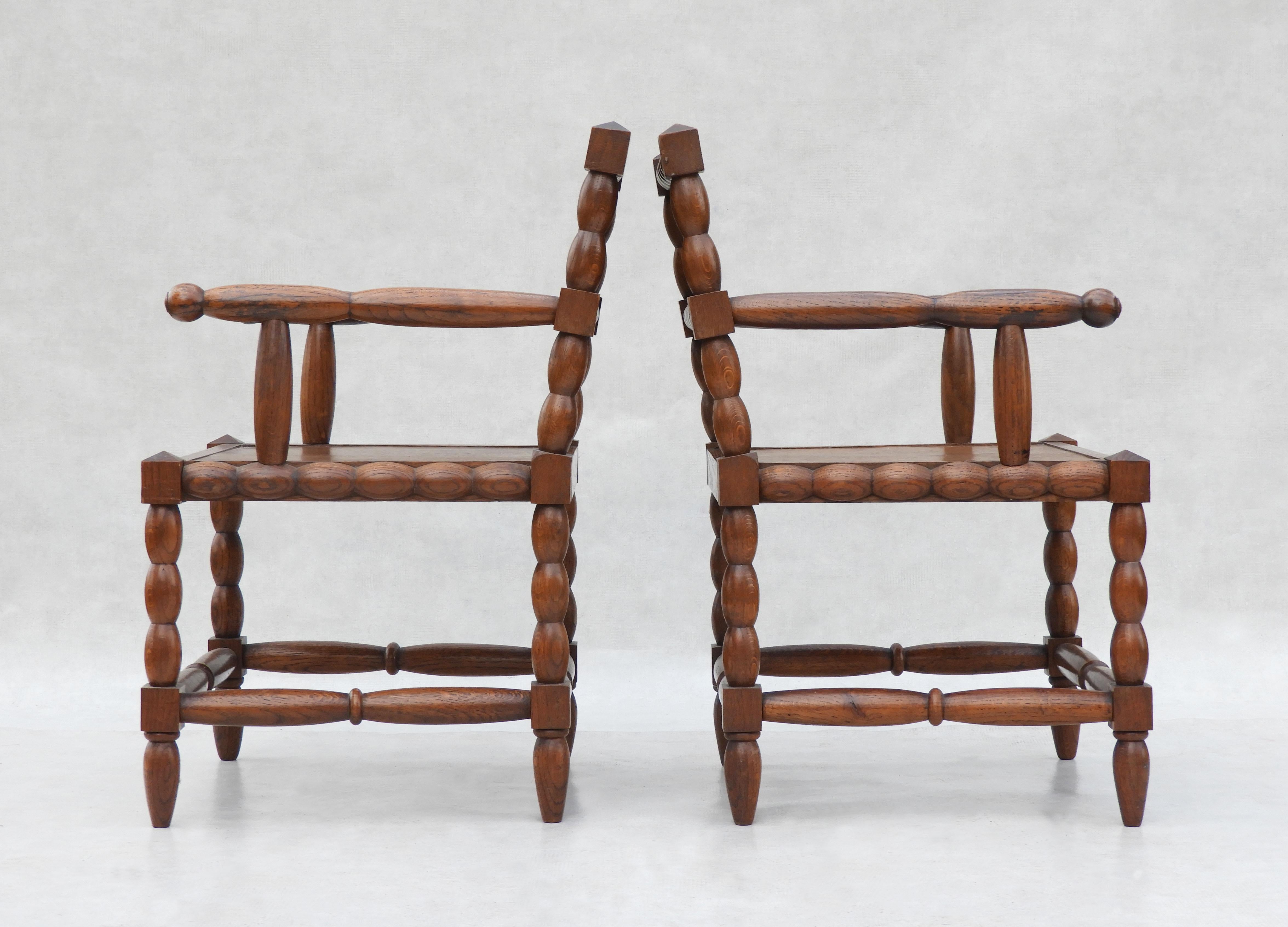 European Pair of Mid Century Oak Bobbin Wood Armchairs C1950s France For Sale