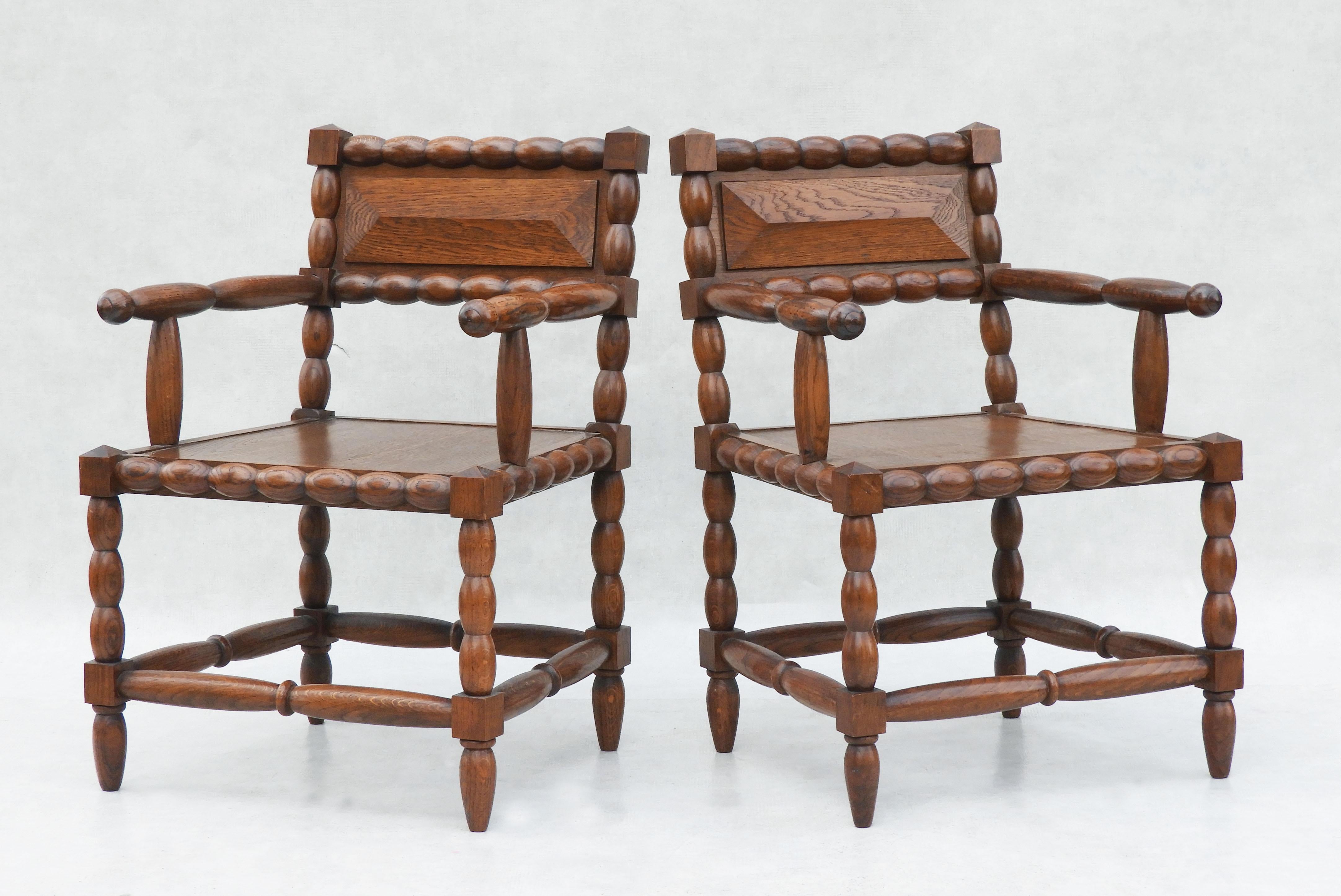 Pair of Mid Century Oak Bobbin Wood Armchairs C1950s France In Good Condition For Sale In Trensacq, FR