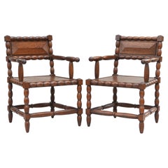 Pair of Mid Century Oak Bobbin Wood Armchairs C1950s France