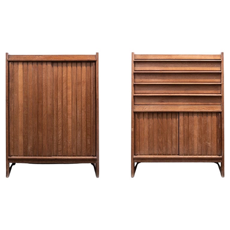Pair of Mid Century Oak Cabinets by Guillerme et Chambron For Sale