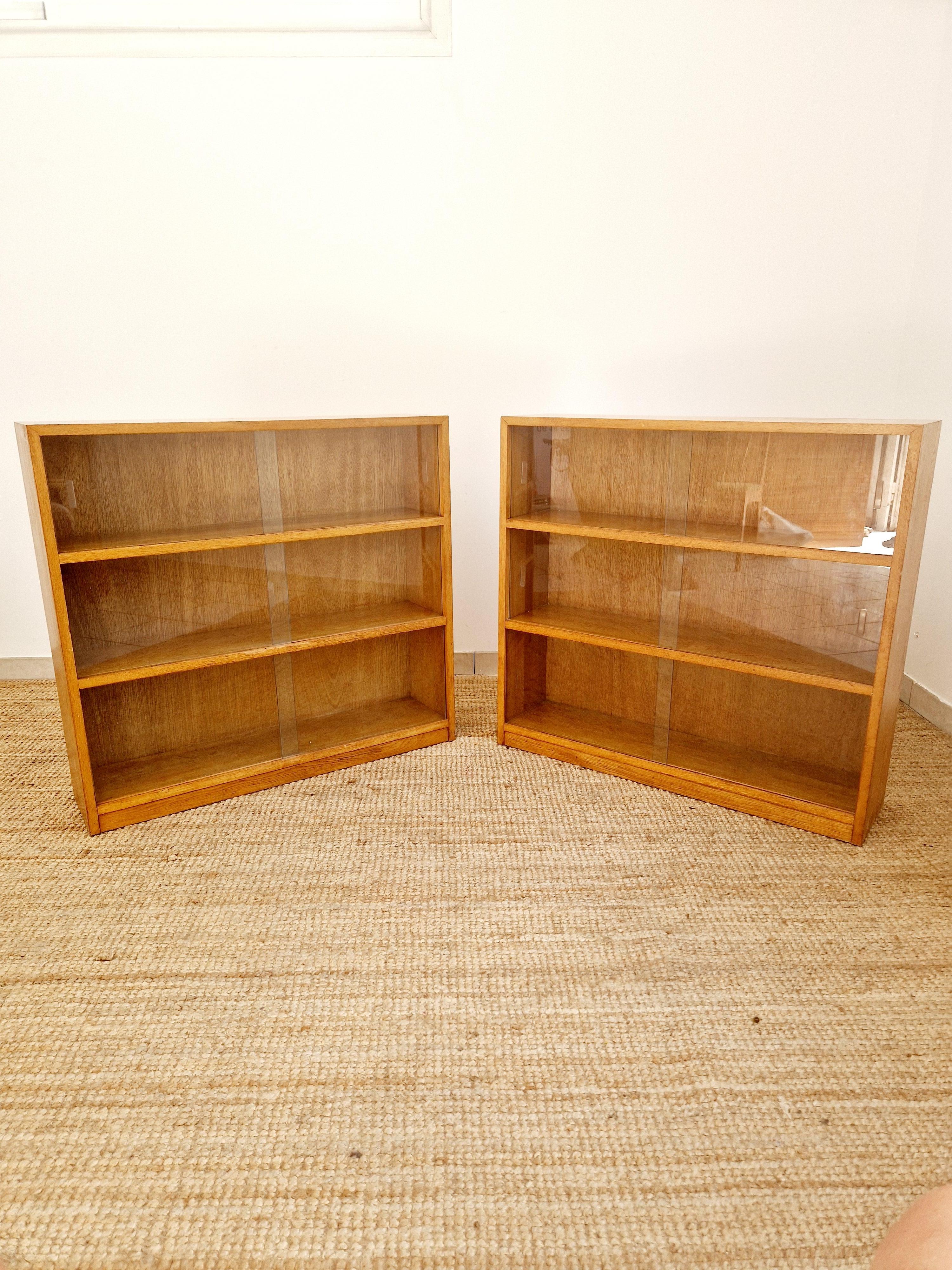 Pair of Mid Century Oak School Bookcases For Sale 7