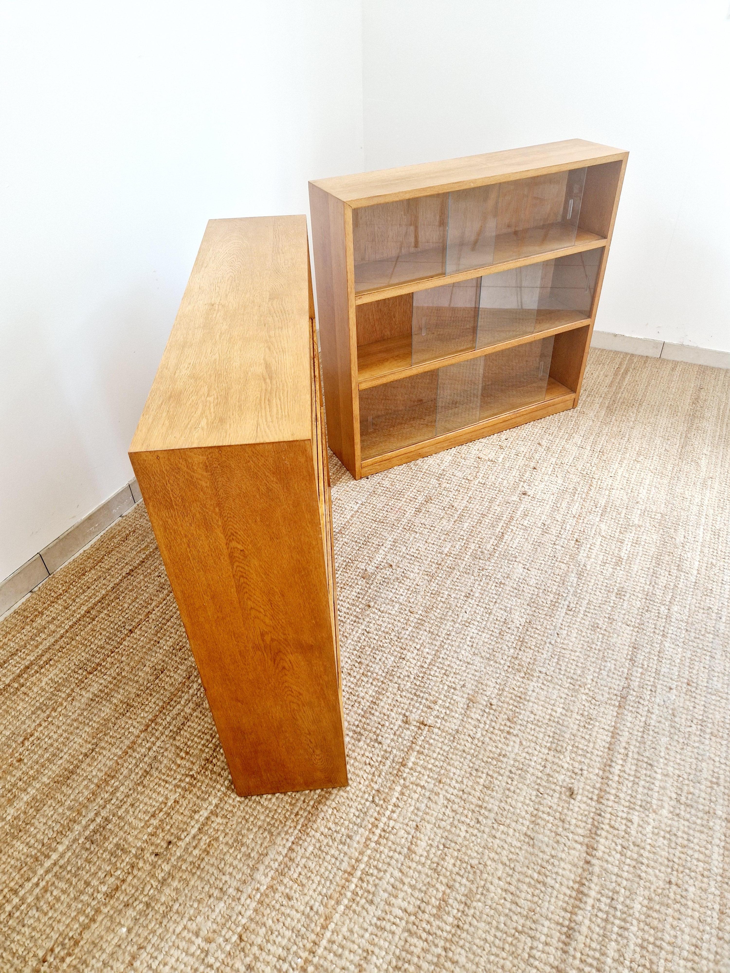 British Pair of Mid Century Oak School Bookcases For Sale