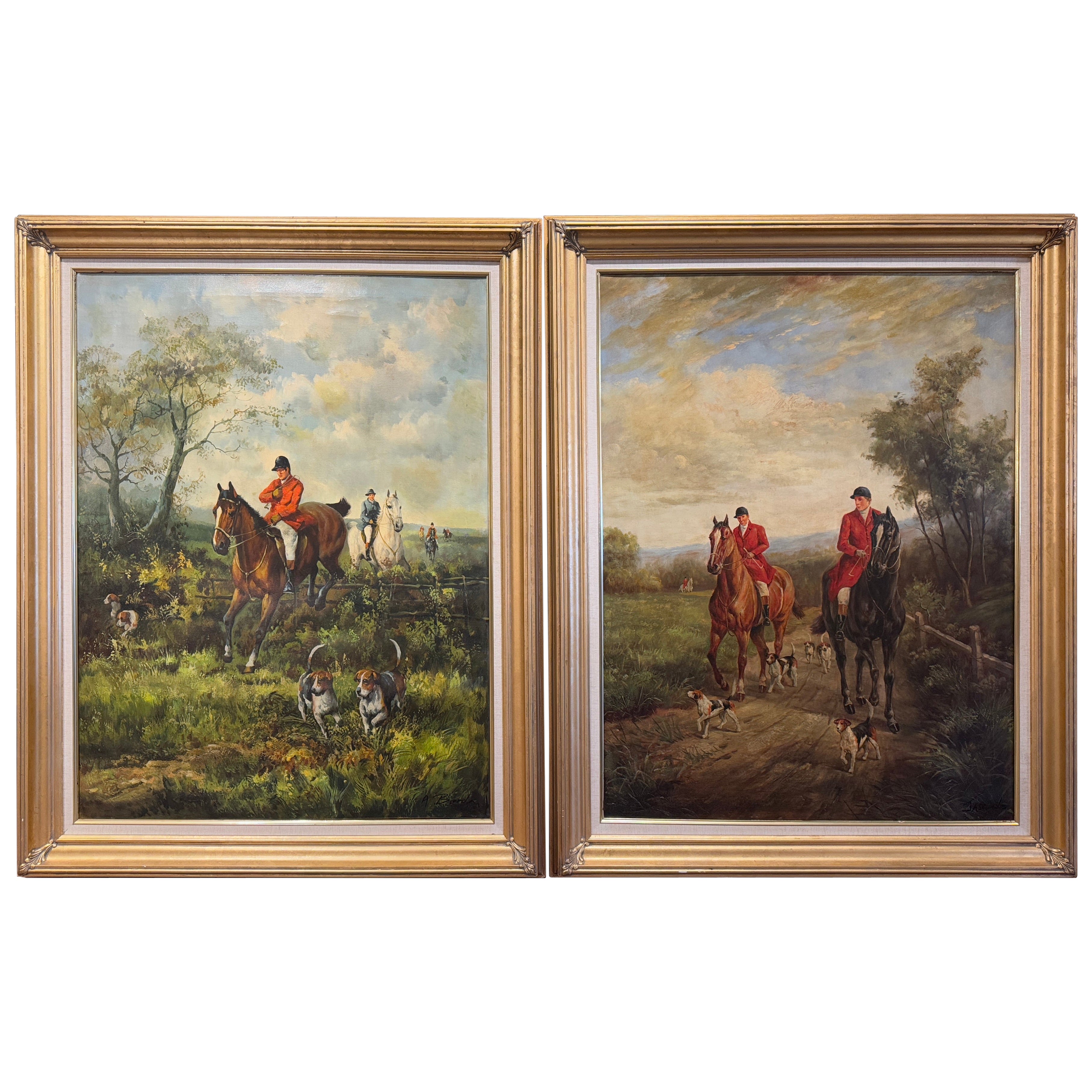Pair of Mid-Century Oil on Canvas Hunt Painting in Gilt Frames Signed A. Roland