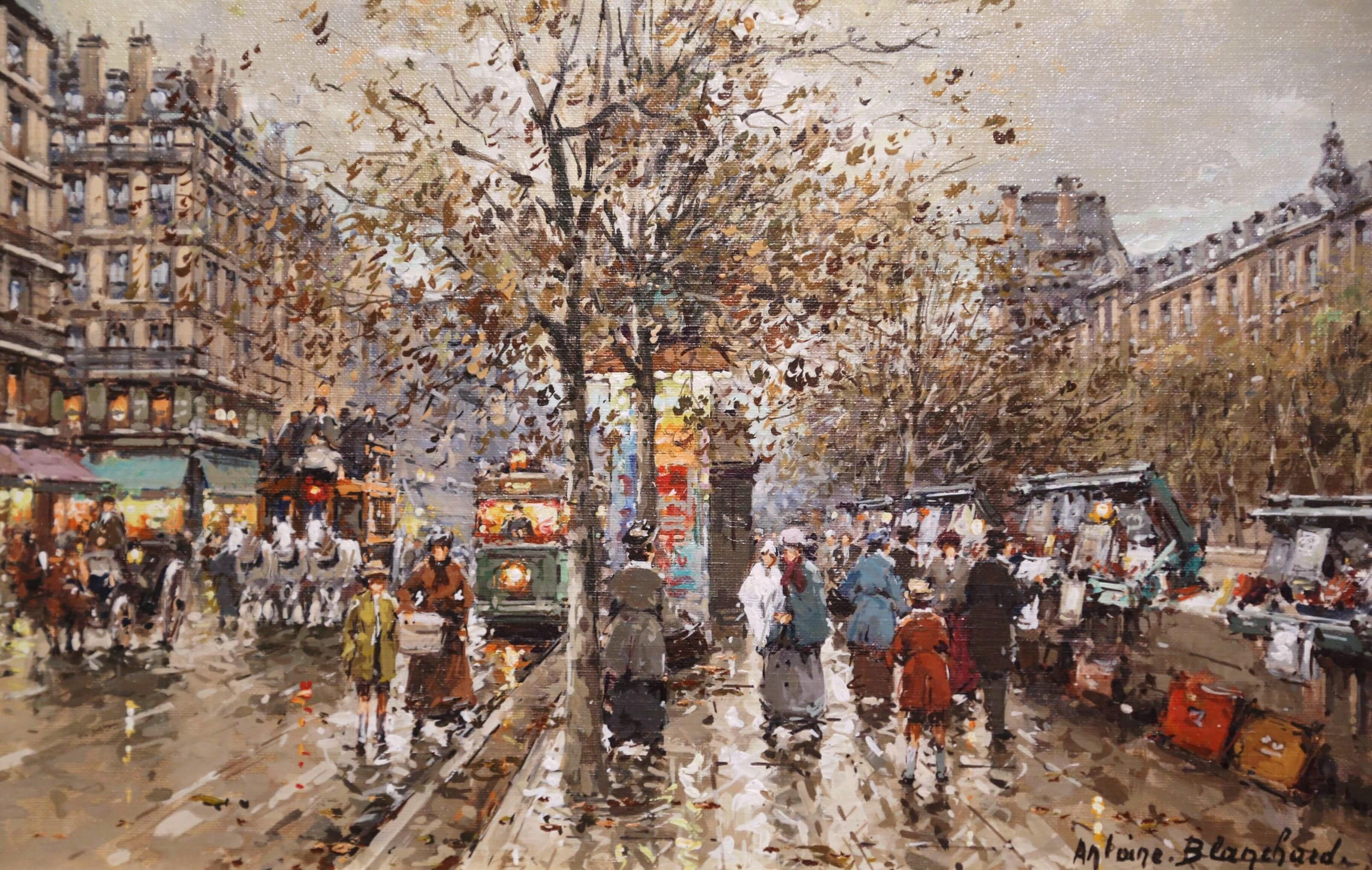 Paire de peintures à l'huile sur toile du milieu du siècle dernier représentant des scènes parisiennes, signées A. Blanchard en vente 4
