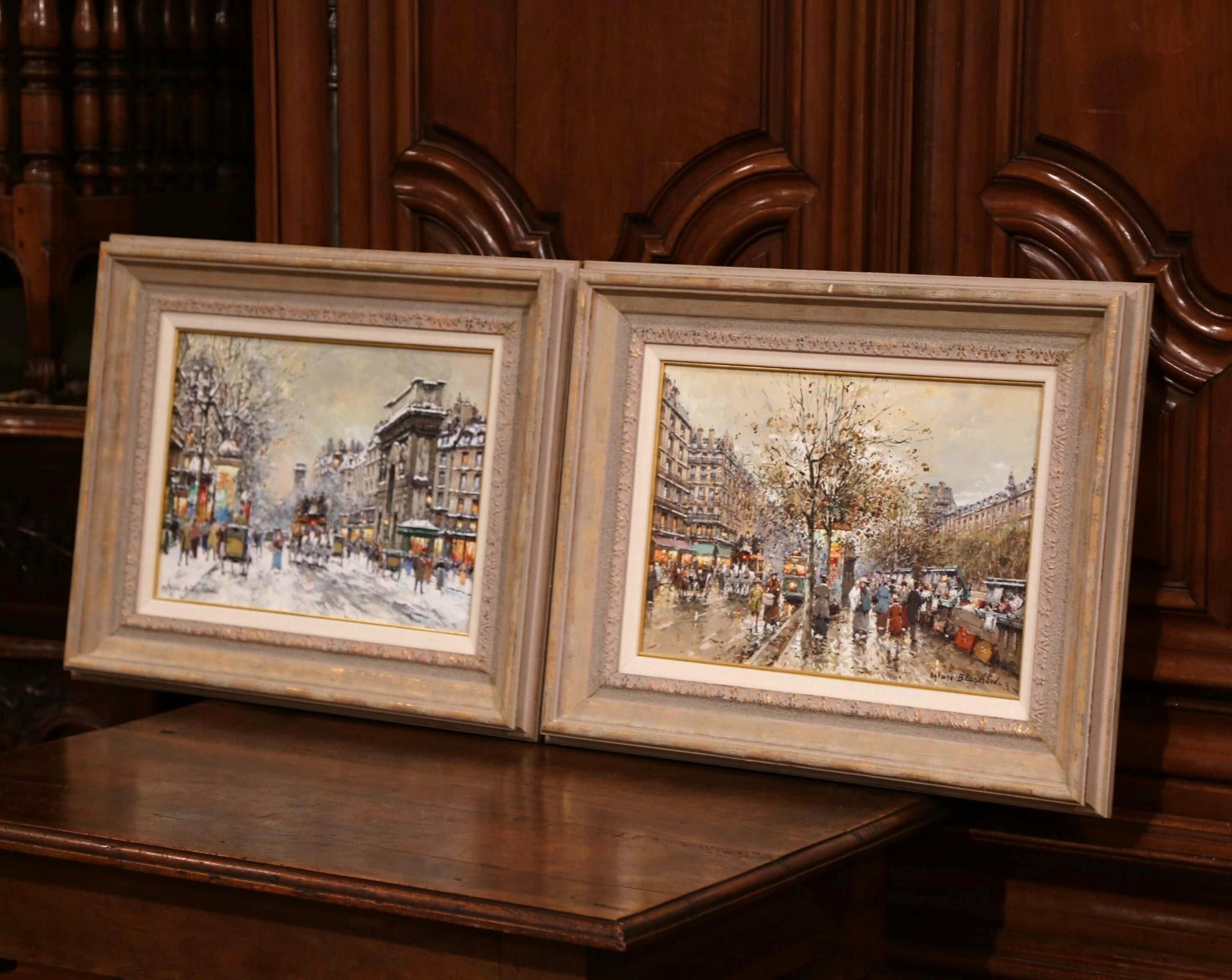 Decorate a living room or an office with this exquisite pair of paintings. Created in France circa 1960, each artwork is set in a painted frame, and depicts a well known street view of Paris; one composition depicts 