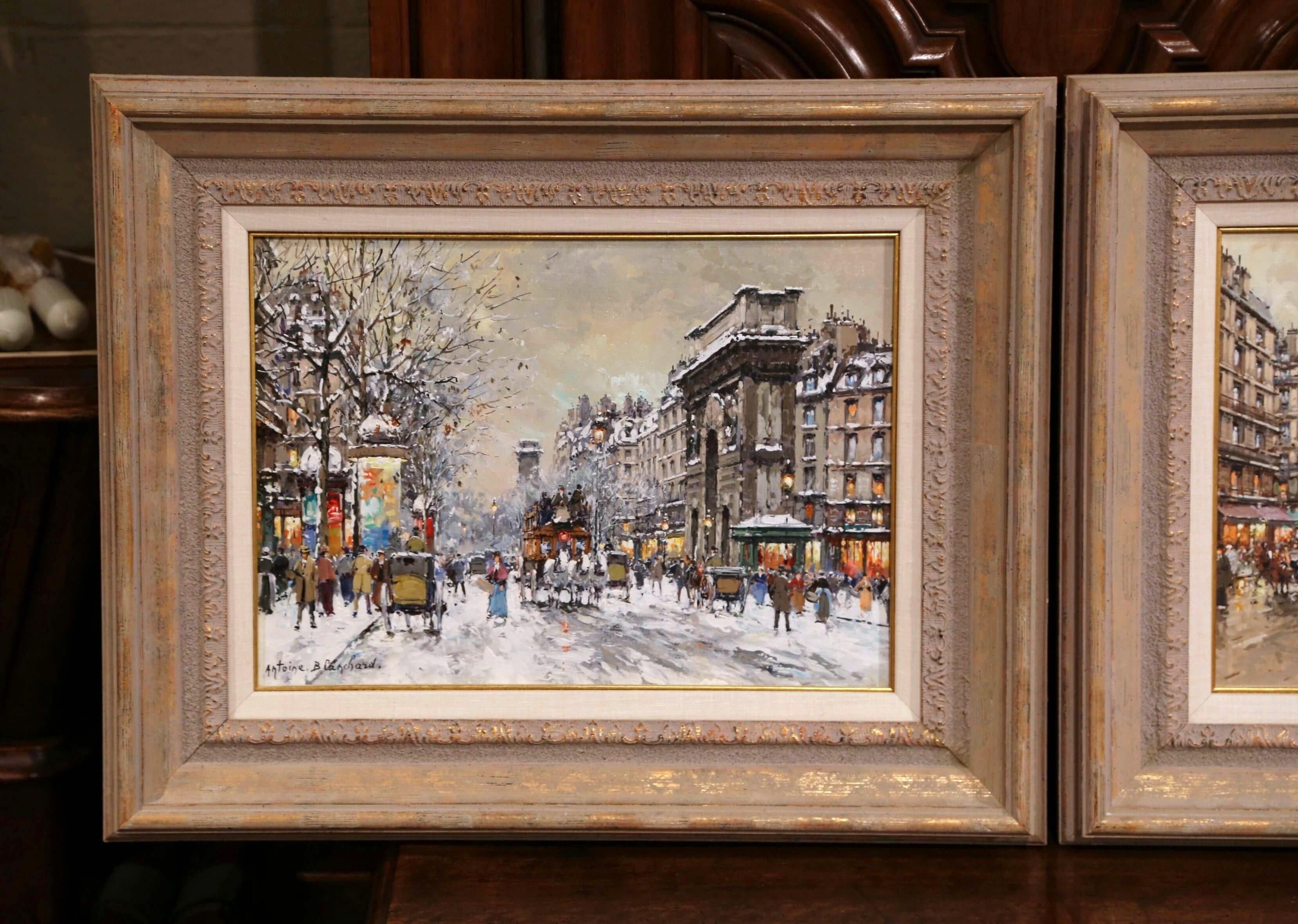 Français Paire de peintures à l'huile sur toile du milieu du siècle dernier représentant des scènes parisiennes, signées A. Blanchard en vente