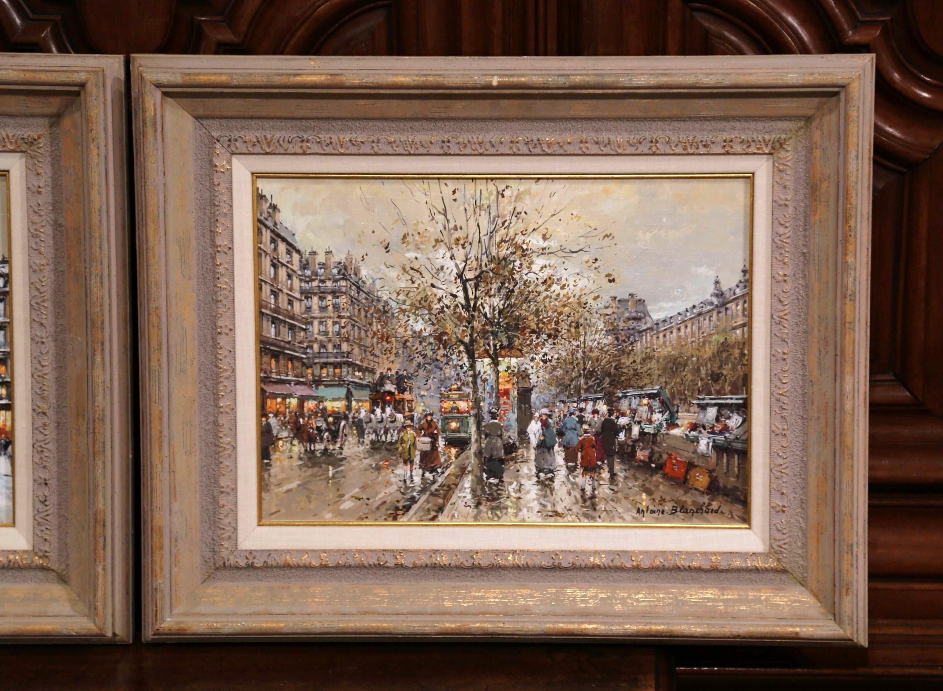 Carved Pair of Mid-Century Oil on Canvas Parisian Scenes Paintings Signed A. Blanchard For Sale