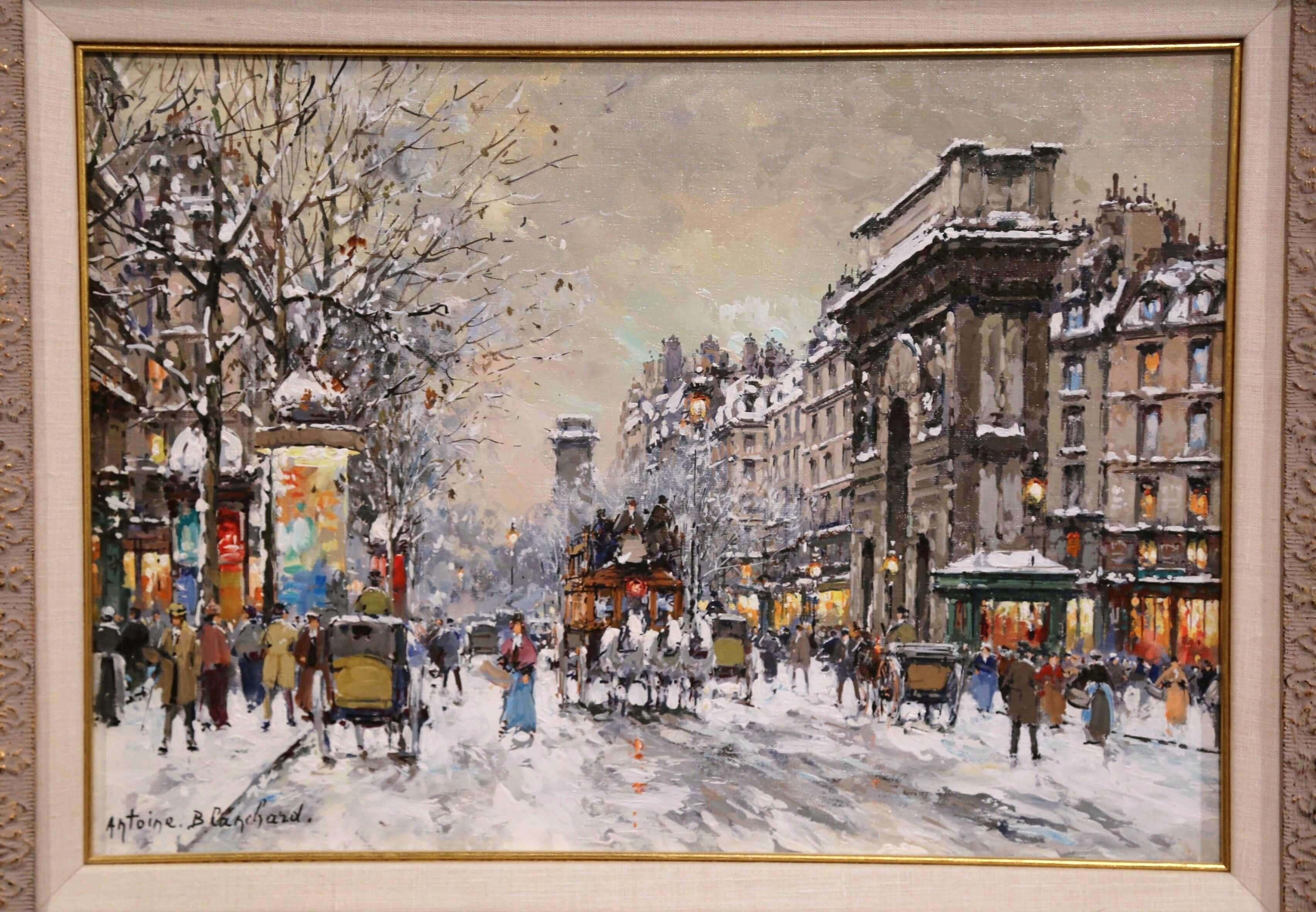 Paire de peintures à l'huile sur toile du milieu du siècle dernier représentant des scènes parisiennes, signées A. Blanchard Excellent état - En vente à Dallas, TX