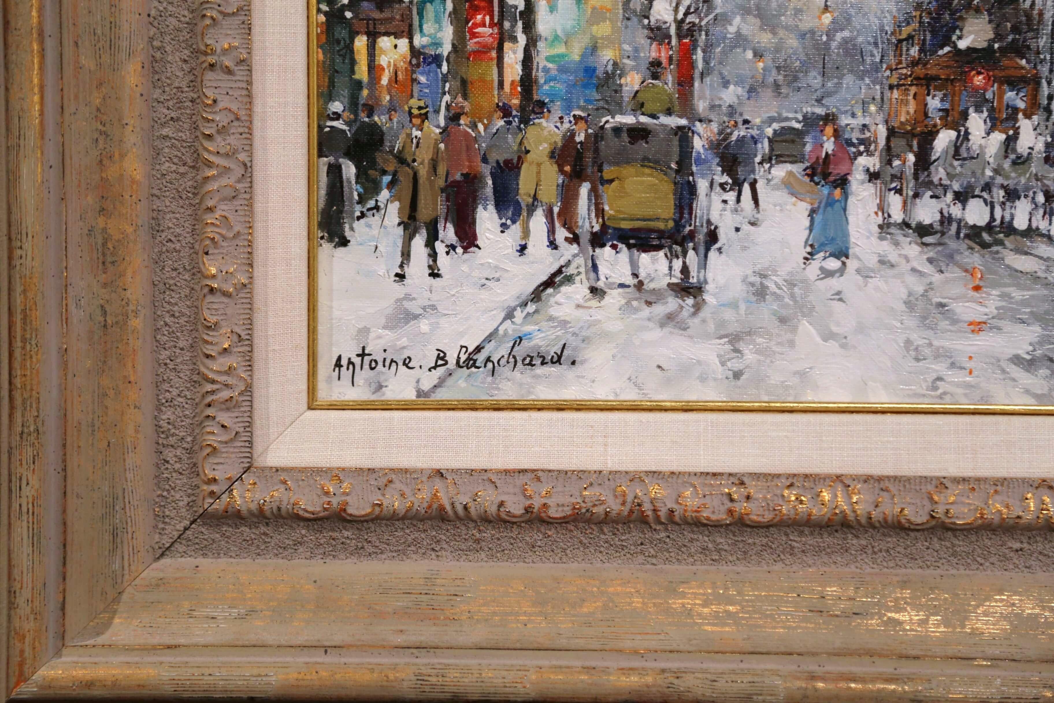20ième siècle Paire de peintures à l'huile sur toile du milieu du siècle dernier représentant des scènes parisiennes, signées A. Blanchard en vente