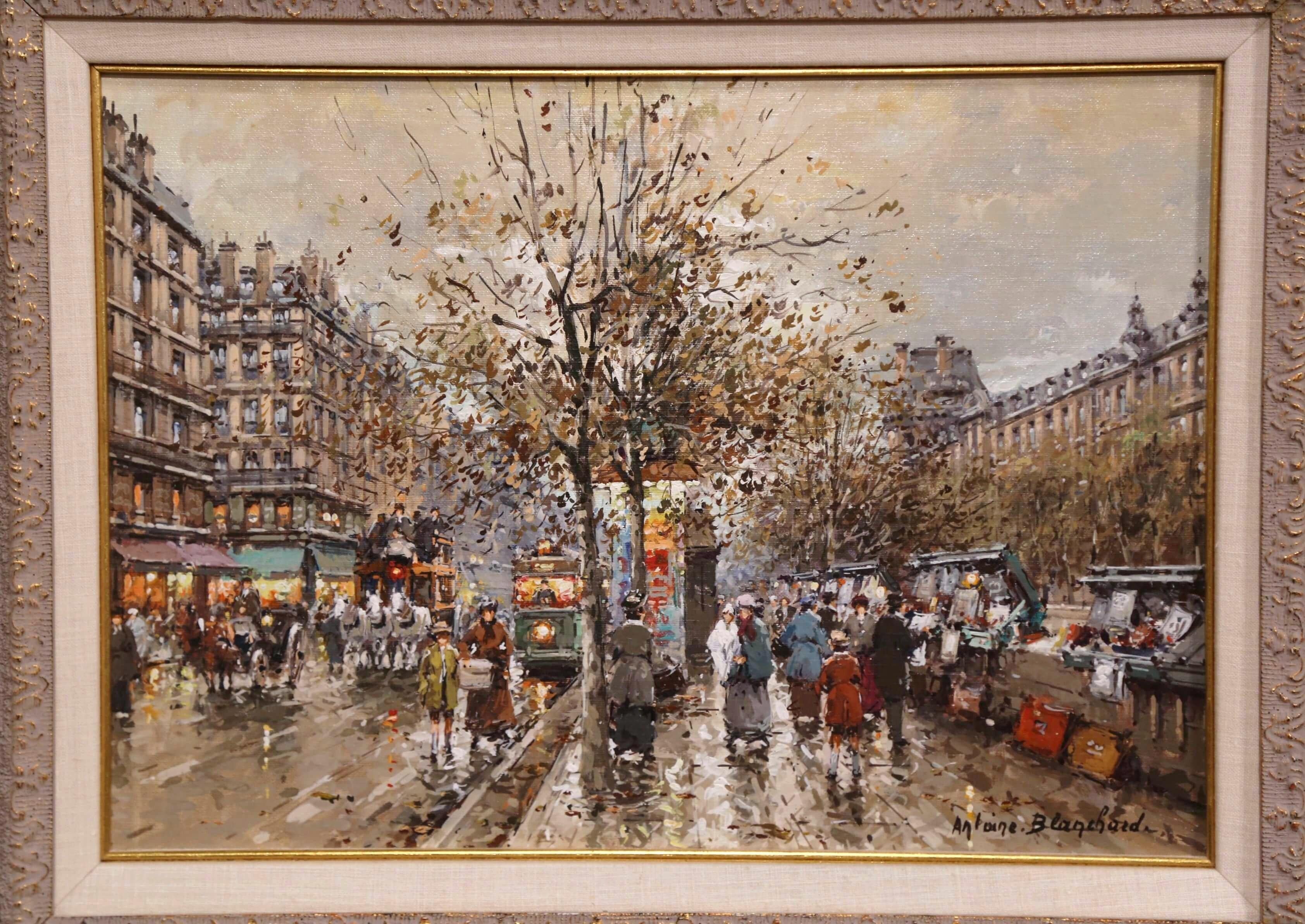 Toile Paire de peintures à l'huile sur toile du milieu du siècle dernier représentant des scènes parisiennes, signées A. Blanchard en vente