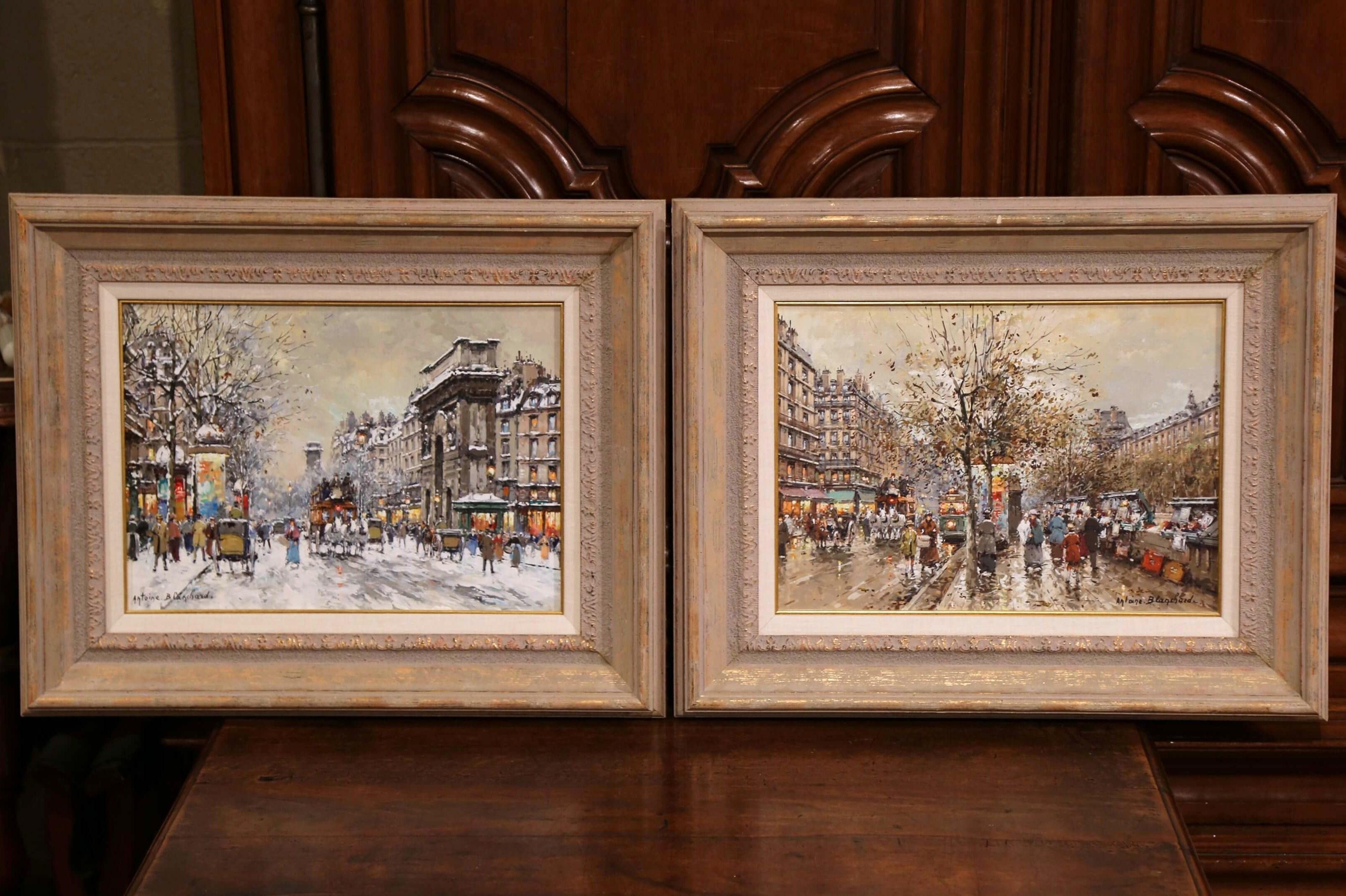 Pair of Mid-Century Oil on Canvas Parisian Scenes Paintings Signed A. Blanchard For Sale 3