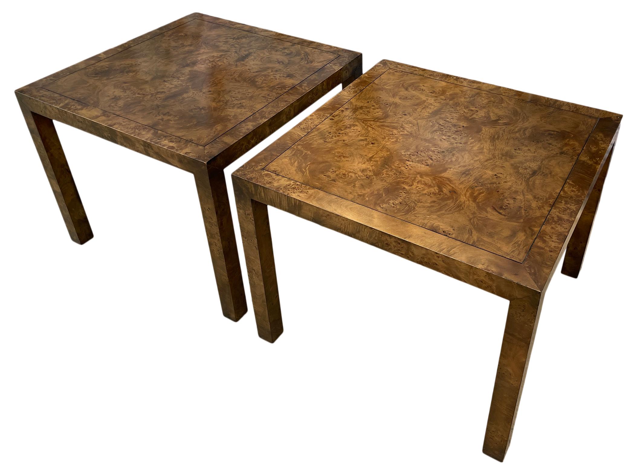 Pair of olive burl wood parsons end tables medium brown finish as seen in images. Marked #1516 under tables along with label - Fine Arts Furniture Co. Very good vintage condition. Sold as a pair of (2) tables.