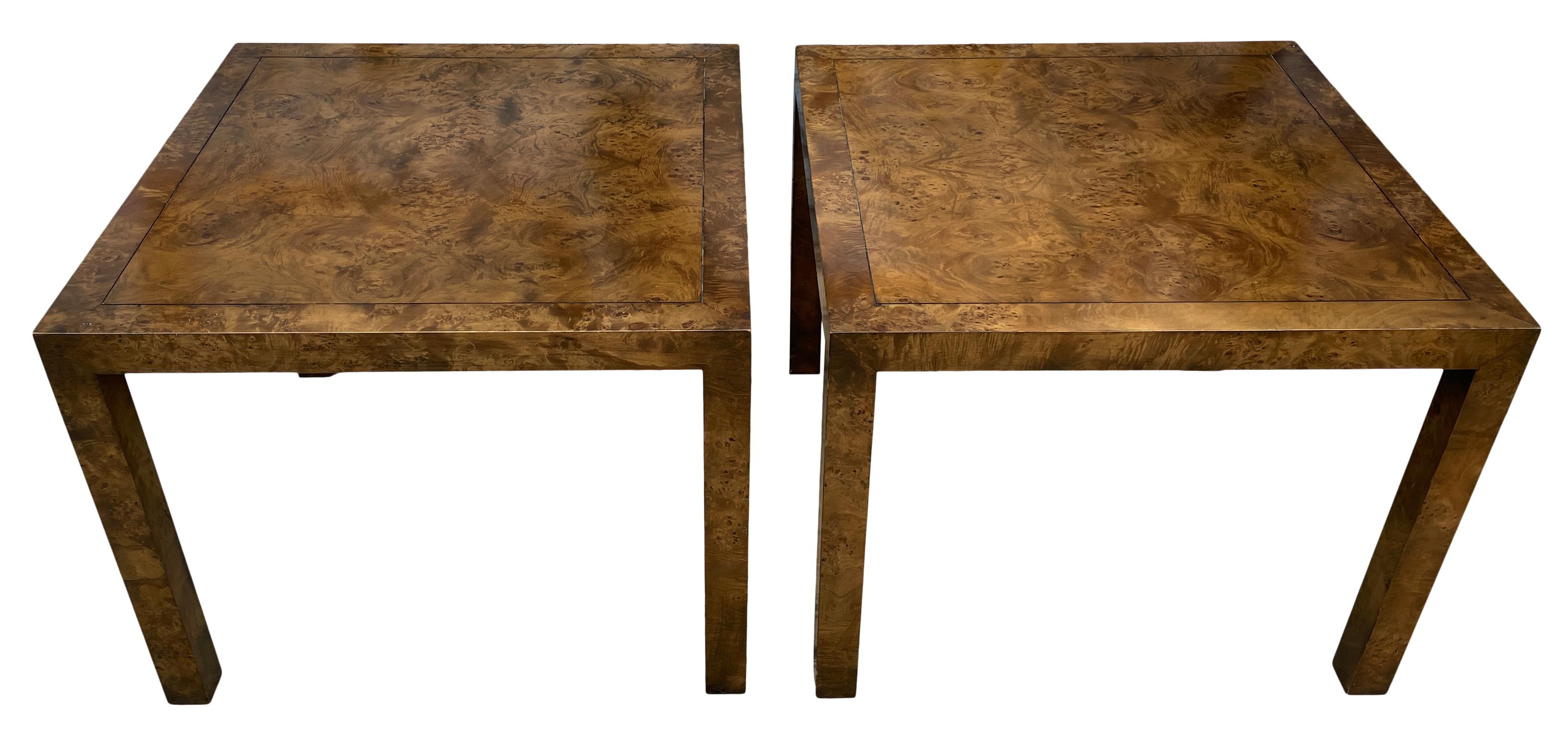 Mid-20th Century Pair of Mid Century Olive Burl Wood Parsons End Side Tables