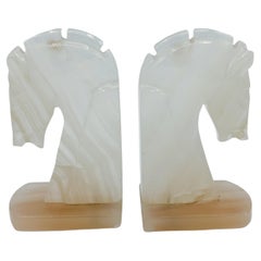 Pair of Mid-Century Onyx Marble Horse Head Bookends Library Mexico
