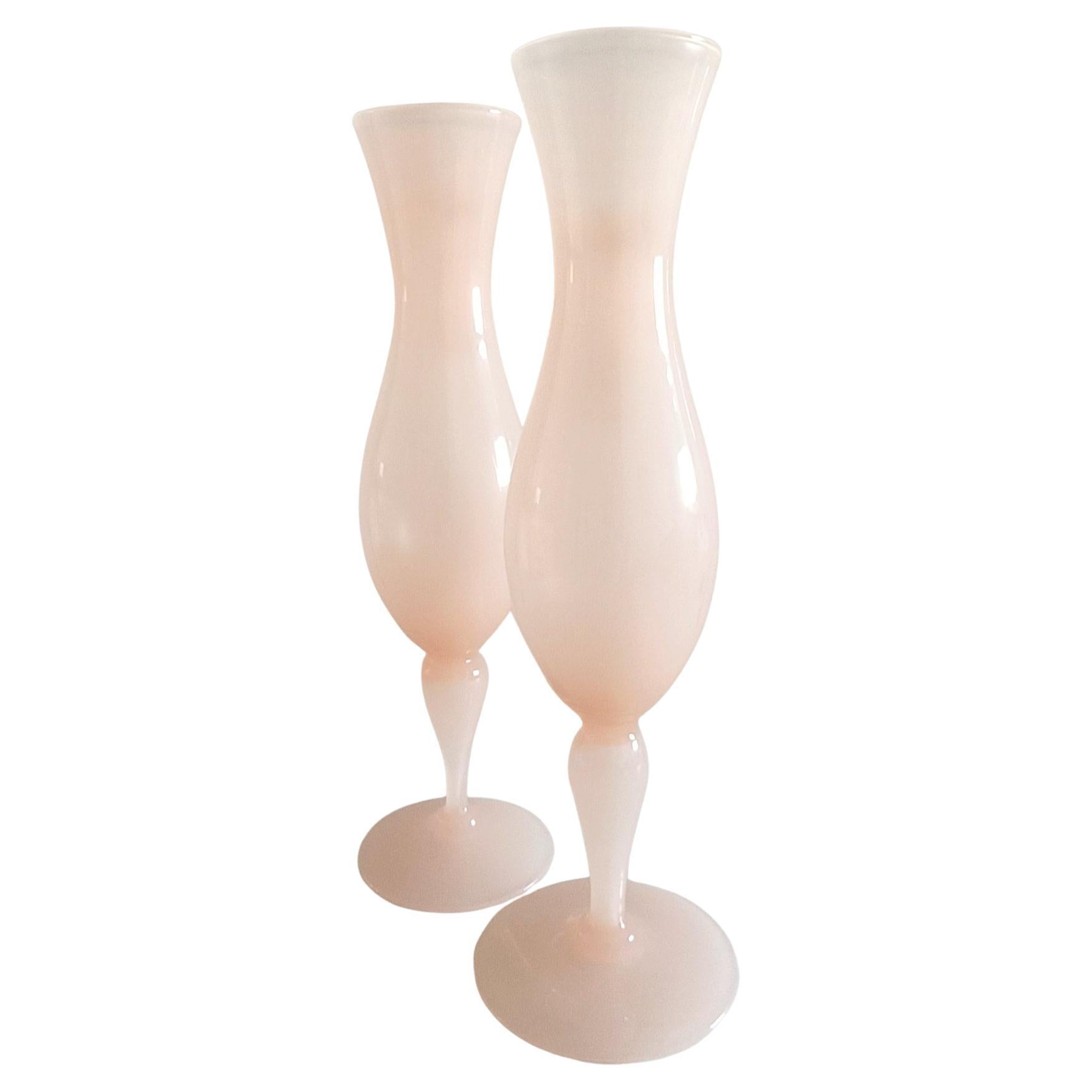 Beyond elegant large pearly translucent real opal Empoli glass labelled Opalina Florentina Cup-Vases.

These vases were stocked by decades (since the 1950s) in the basement of a glass and porcelain gifts shop in Florence until recently - the venue