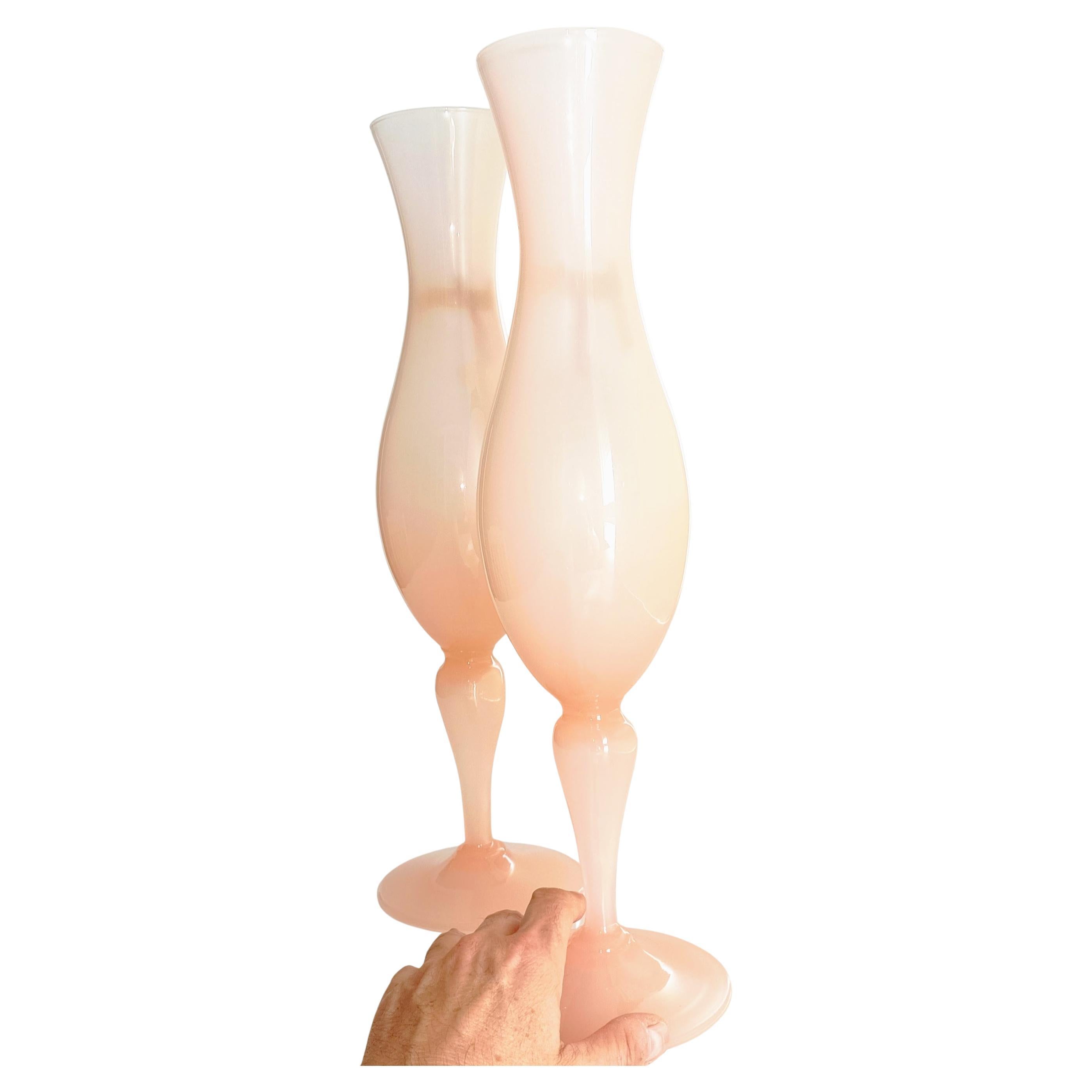 Opaline Glass Pair of Mid Century Opalina Florentina Empoli Glass Cup-Vases, 1950s