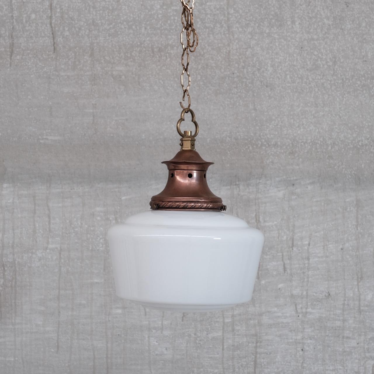 French Pair of Mid-Century Opaline and Copper Pendant Lights For Sale