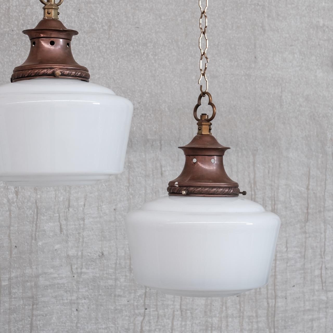 Pair of Mid-Century Opaline and Copper Pendant Lights For Sale 1