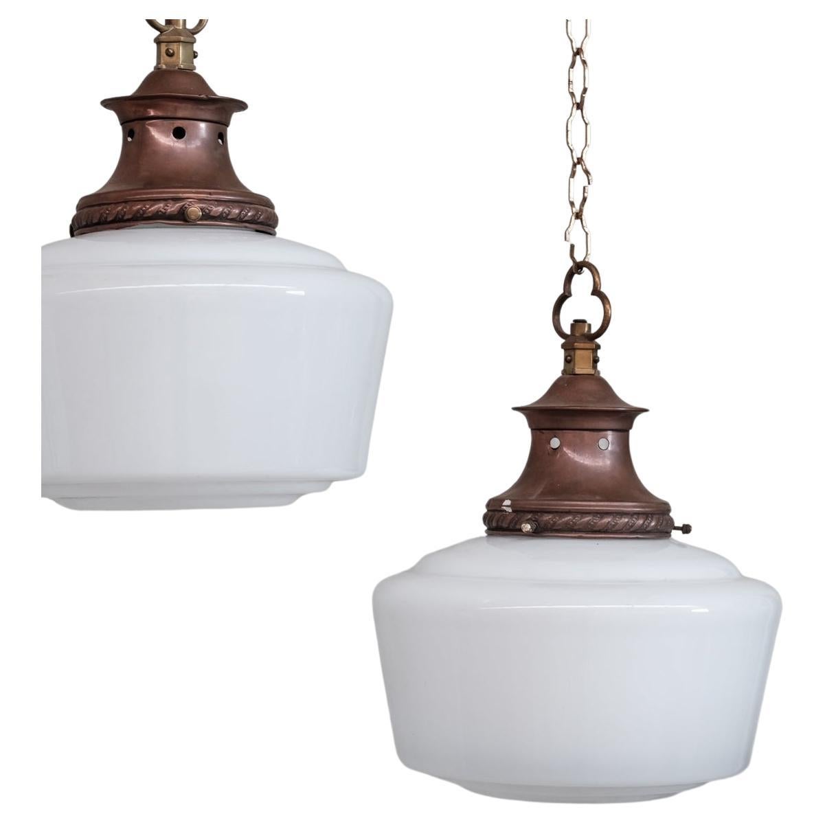 Pair of Mid-Century Opaline and Copper Pendant Lights For Sale