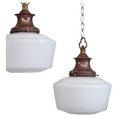 Pair of Mid-Century Opaline and Copper Pendant Lights