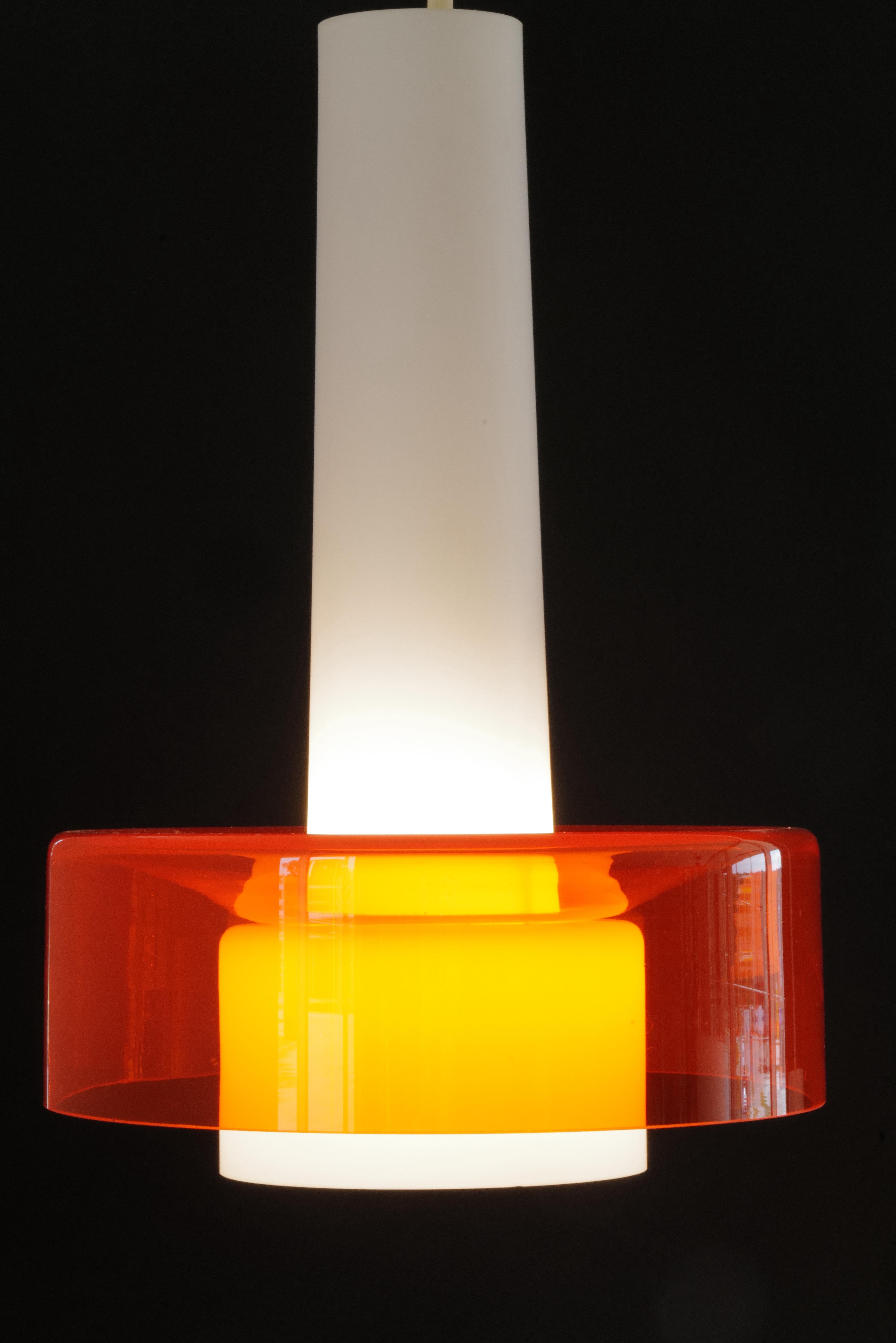 Pair of Mid-Century Opaline and Orange Glass Pendant Lights For Sale 6