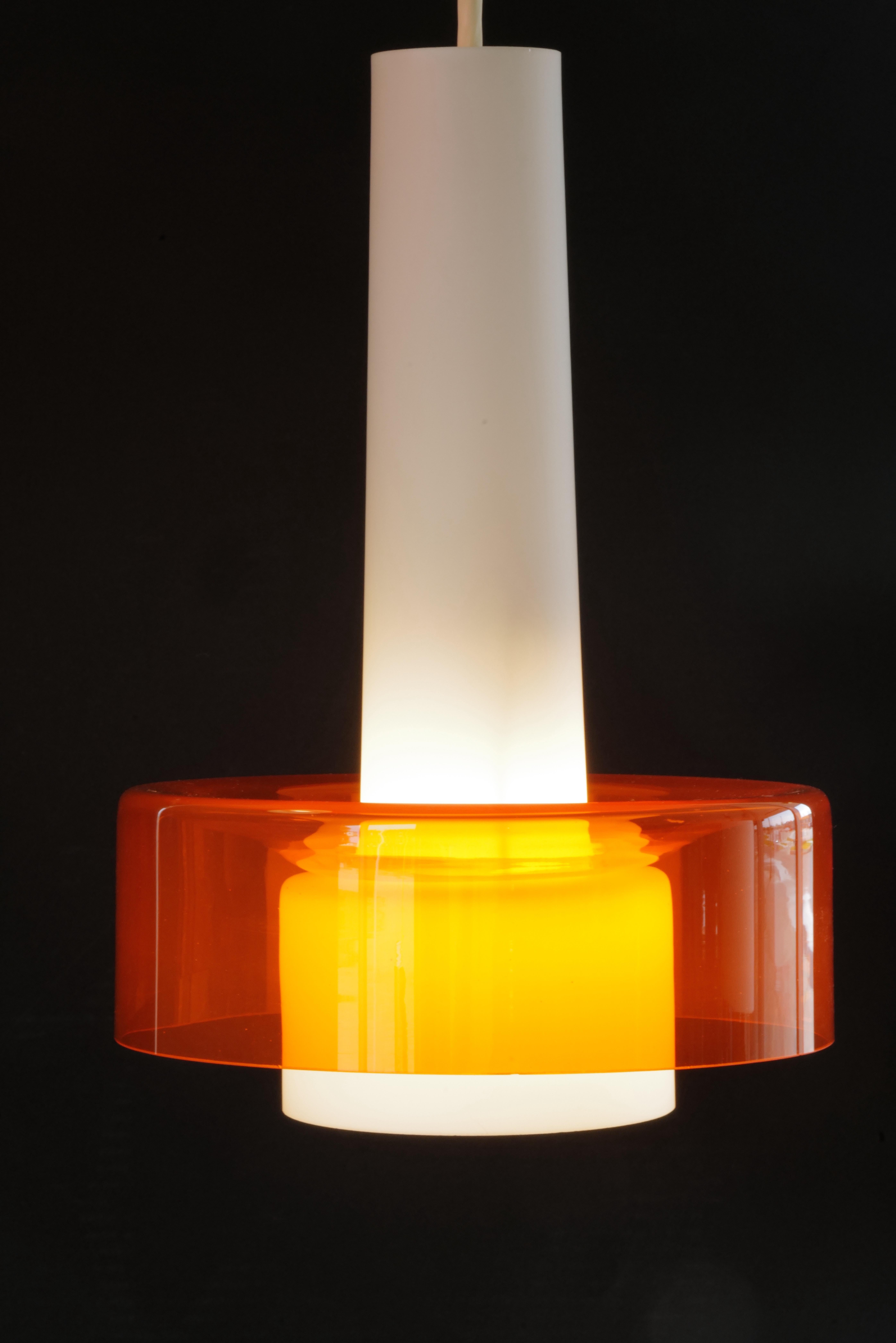 Pair of Mid-Century Opaline and Orange Glass Pendant Lights For Sale 8