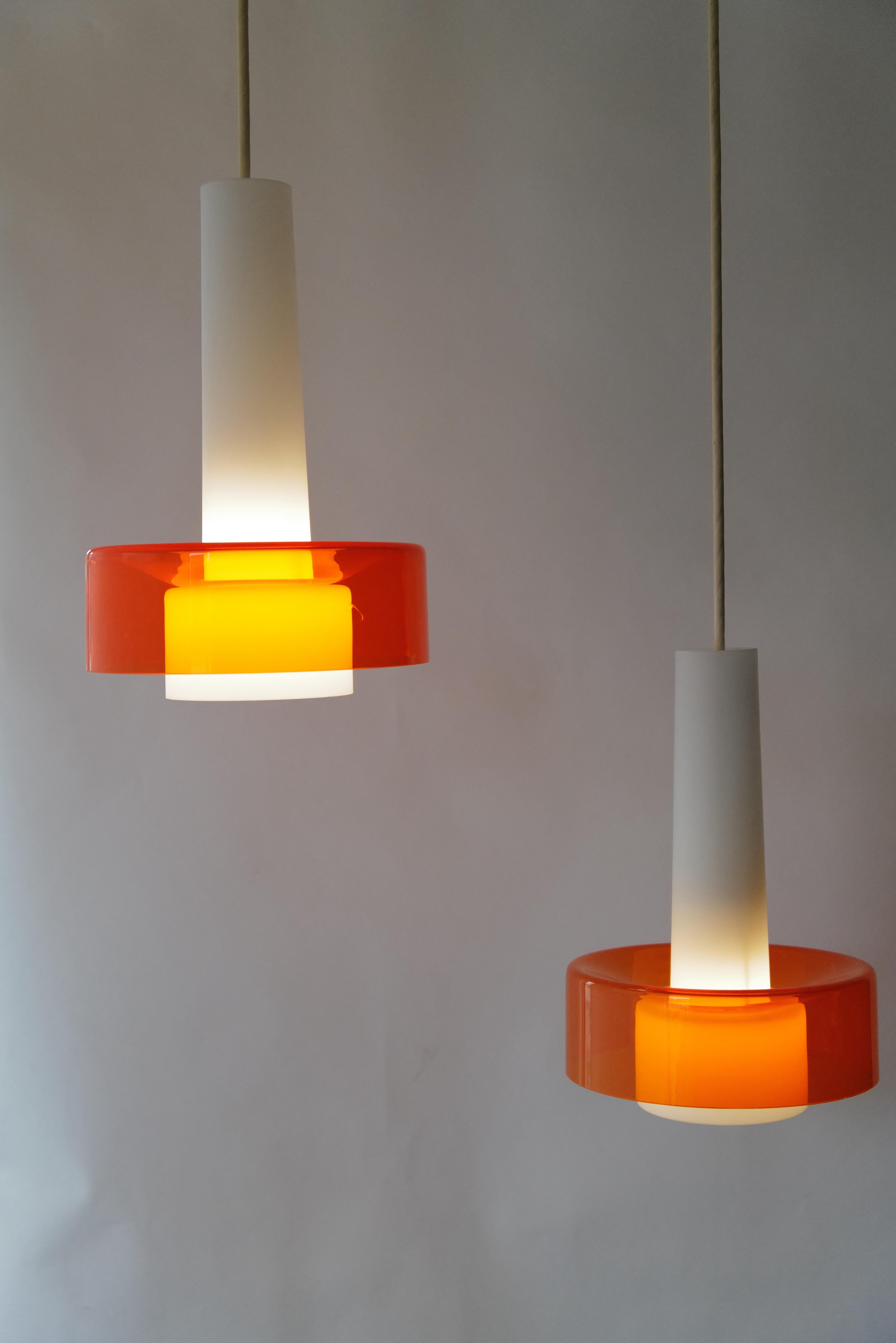 Pair of Mid-Century Opaline and Orange Glass Pendant Lights For Sale 10