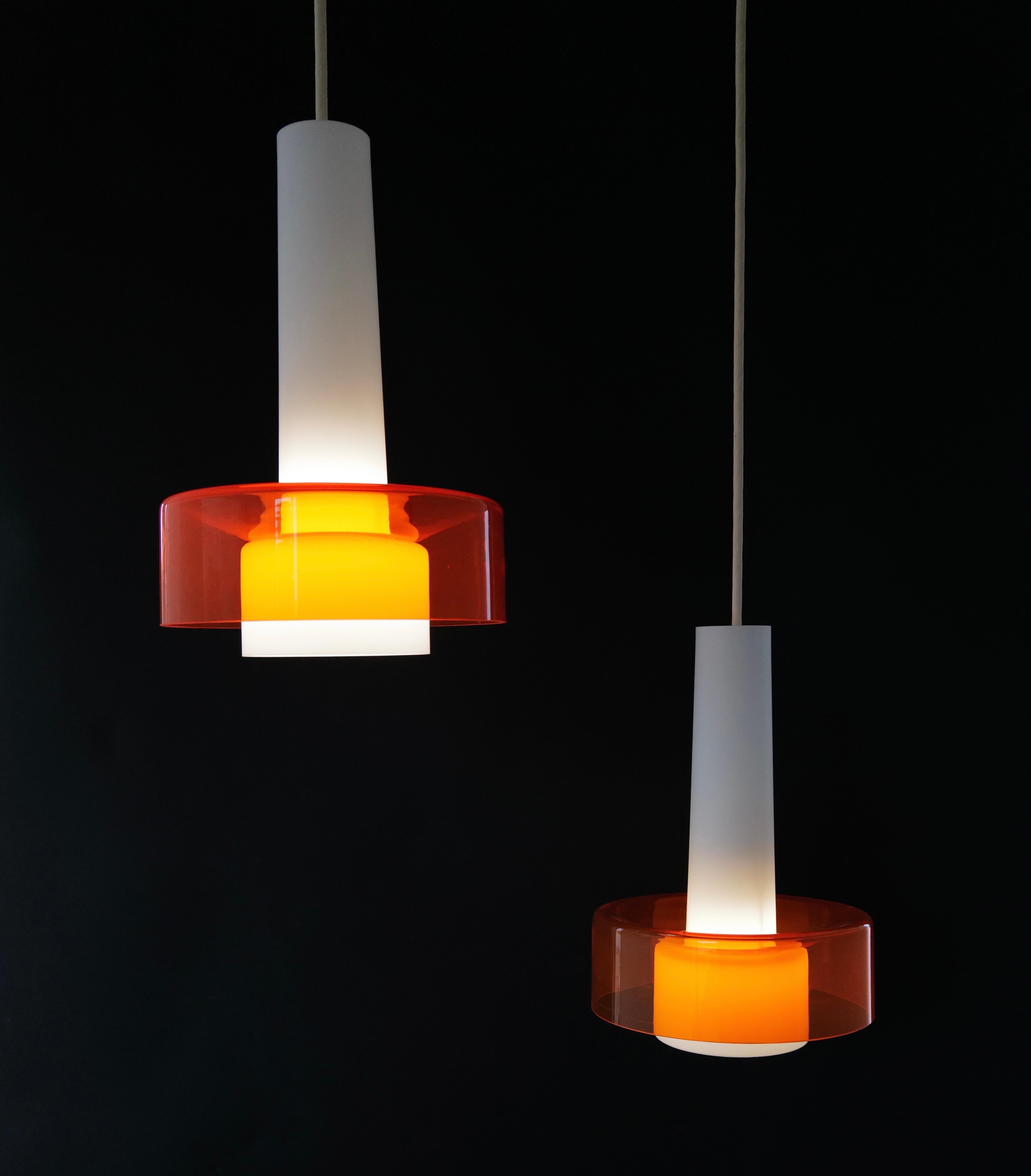Pair of Mid-Century Opaline and Orange Glass Pendant Lights For Sale 11