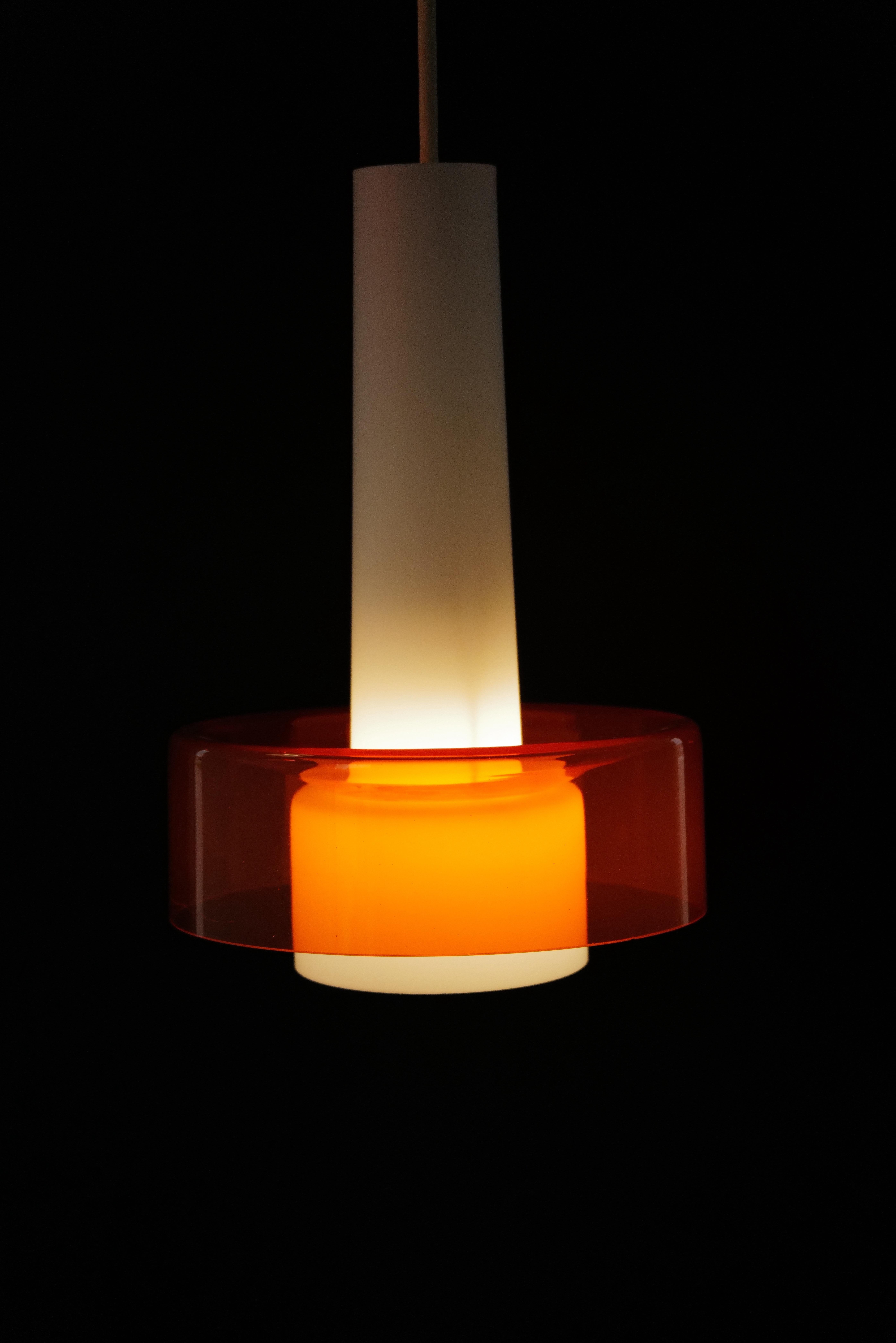 Mid-Century Modern Pair of Mid-Century Opaline and Orange Glass Pendant Lights For Sale