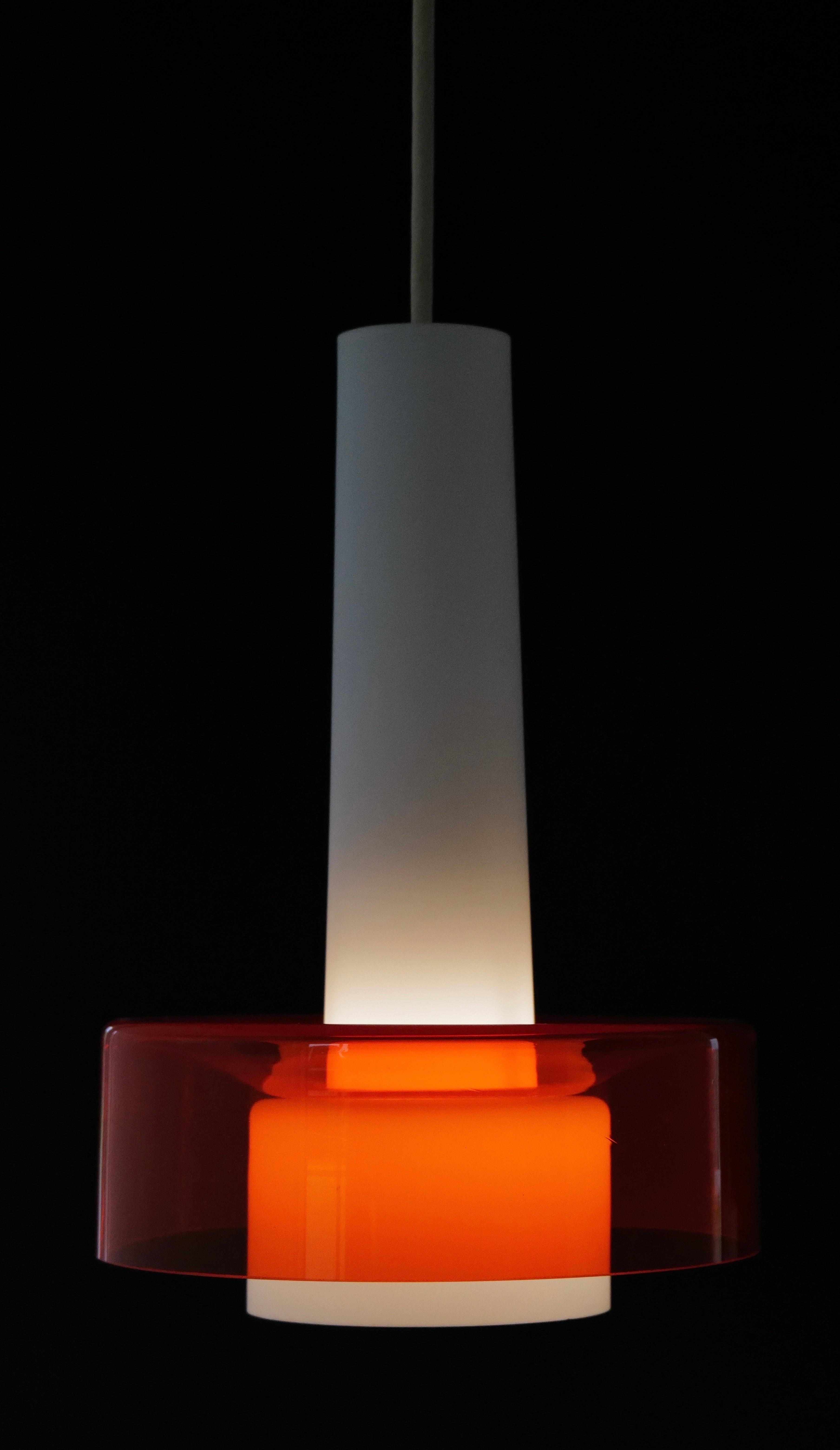 Pair of Mid-Century Opaline and Orange Glass Pendant Lights In Good Condition For Sale In Oklahoma City, OK
