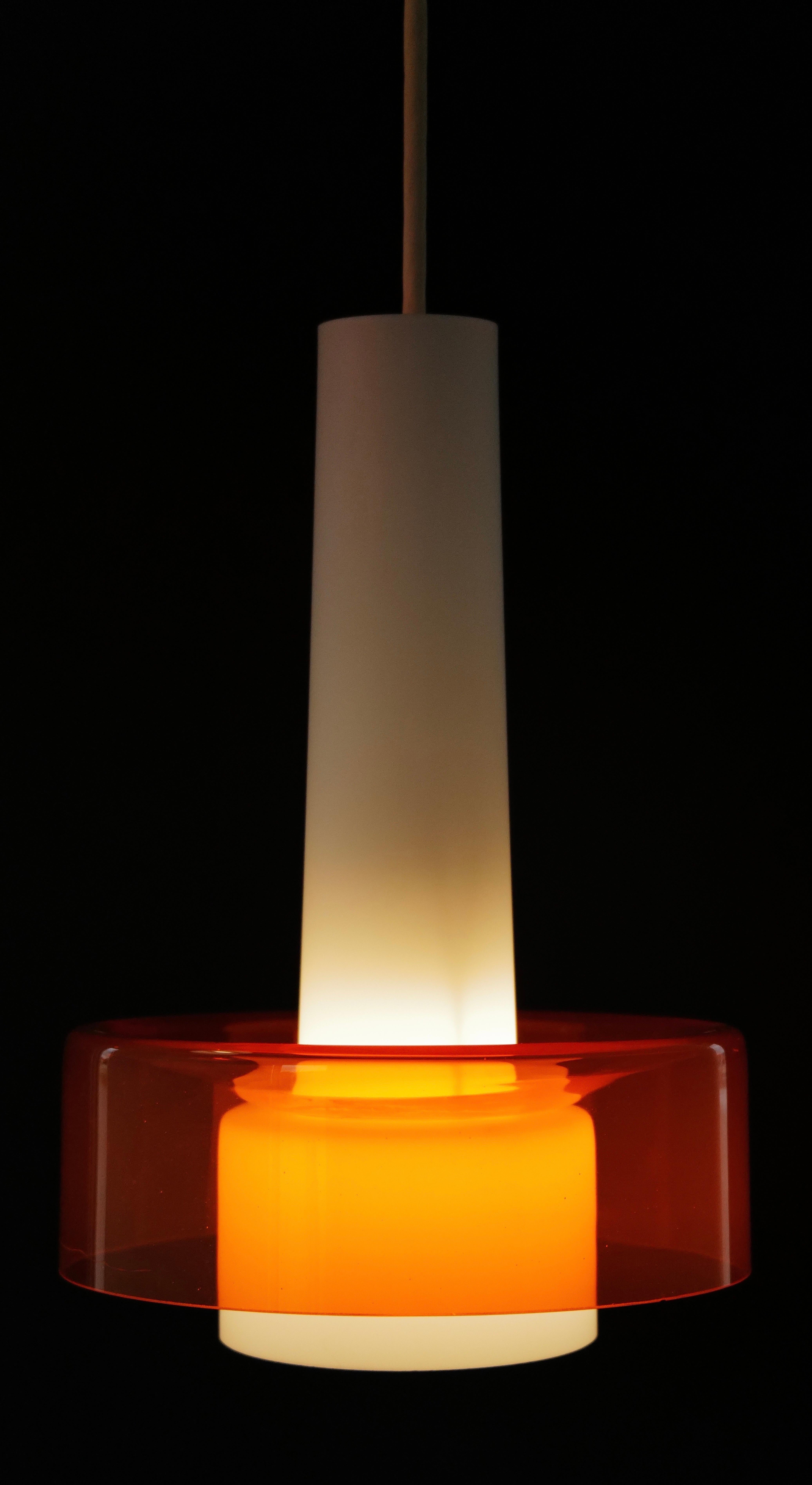Pair of Mid-Century Opaline and Orange Glass Pendant Lights For Sale 2